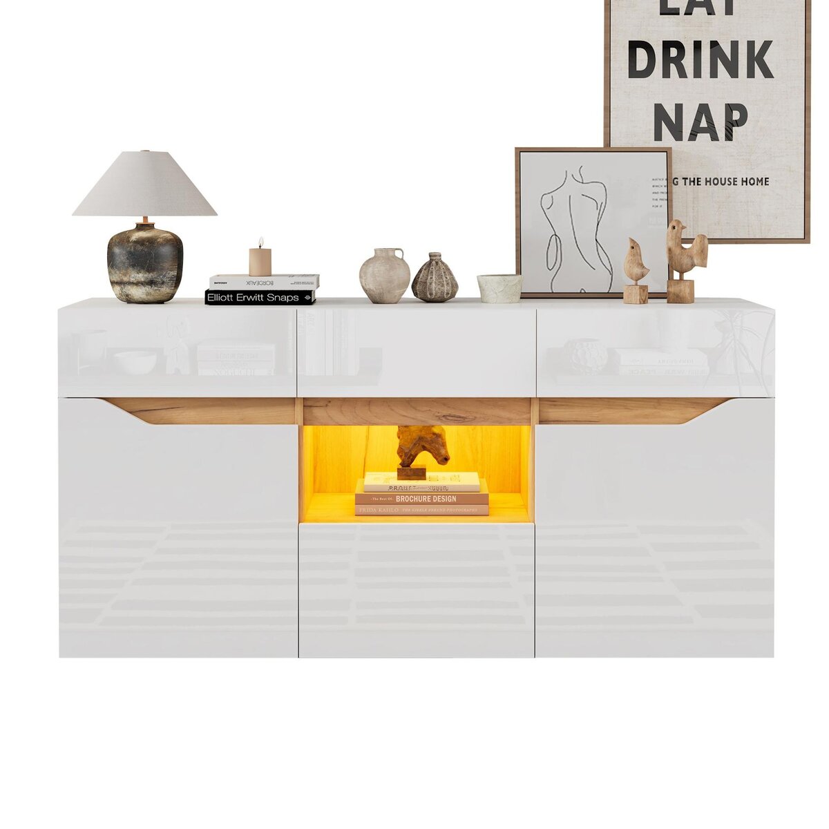 MERAX Buffet 2 porte(s) 4 tiroir(s) - 140 cm blanc led panneau de particules