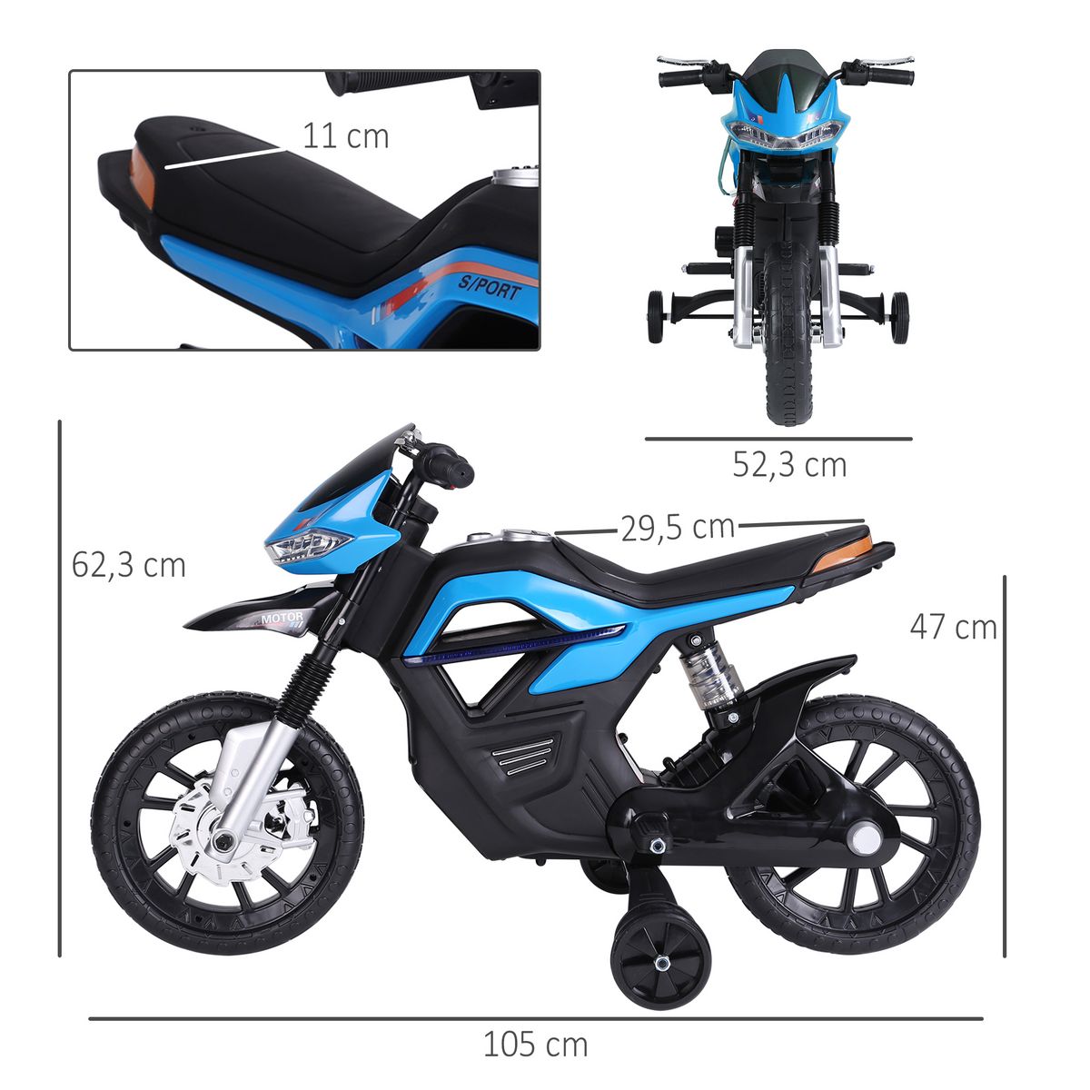 HOMCOM Moto électrique pour enfants 25 W 6 V 3 Km/h effets lumineux et sonores roulettes amovibles bleu