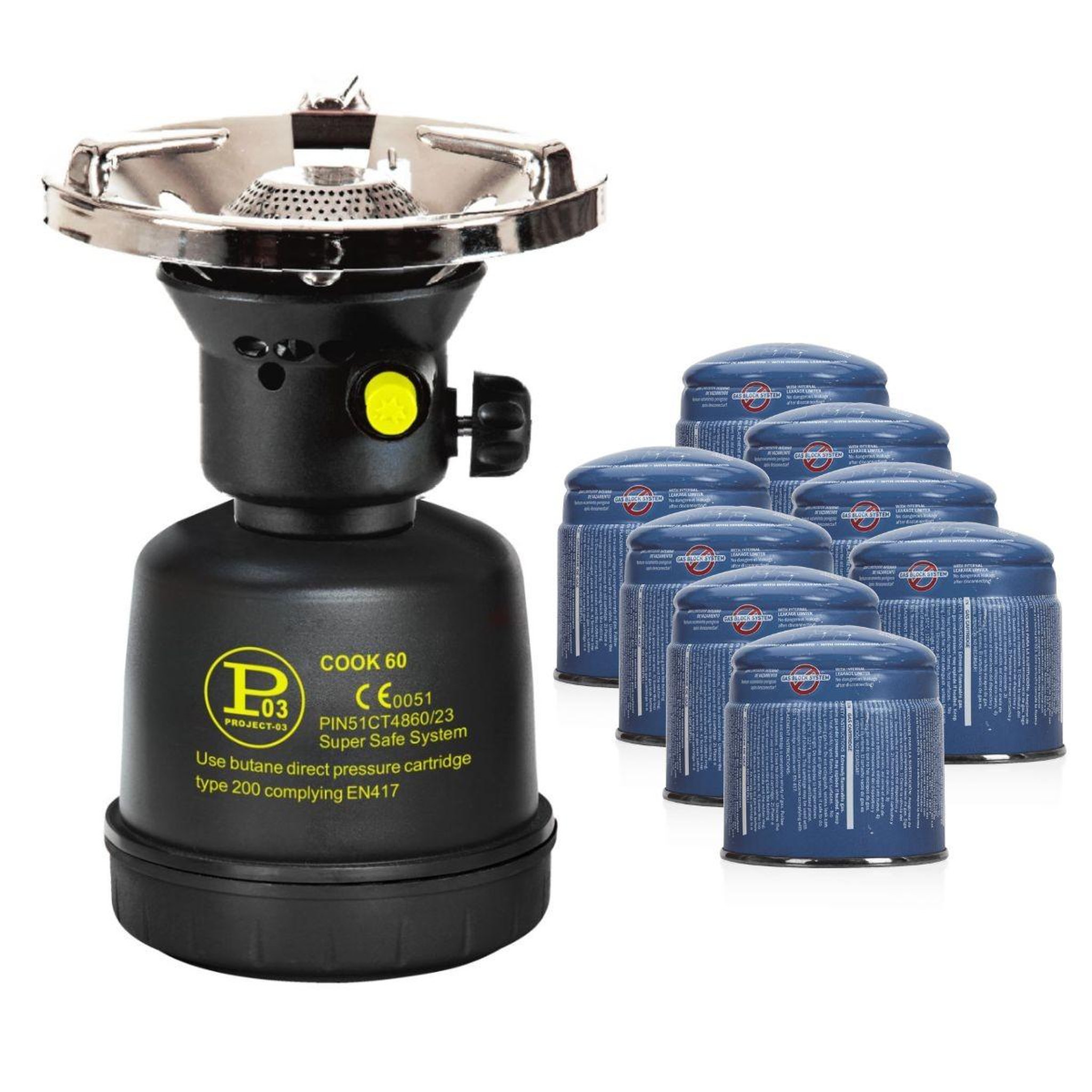 Proweltek Réchaud à gaz coque acier + 8 cartouches 190g allumage auto & sécurisé - réchaud camping vanlife flamme réglable black cook