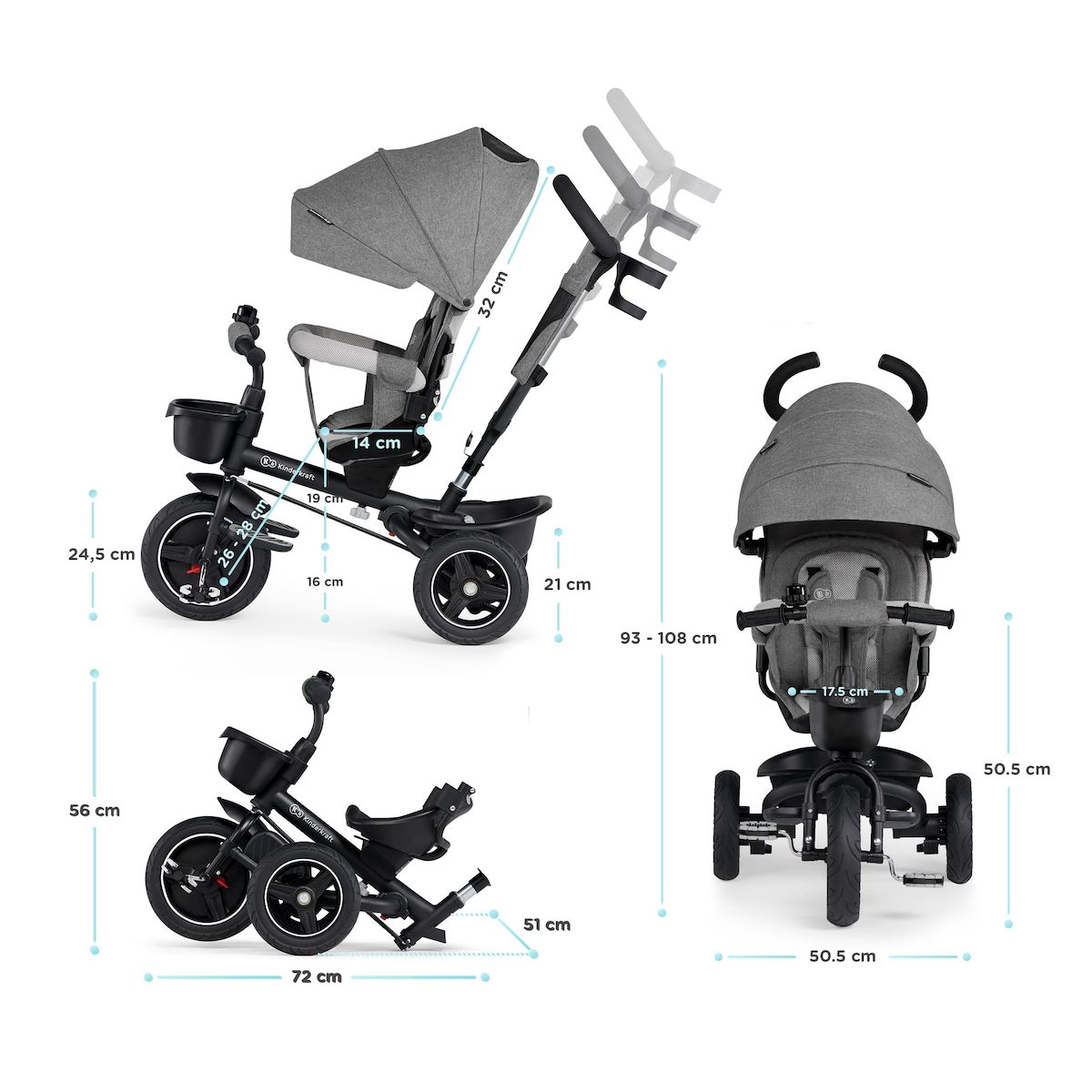 KINDERKRAFT Tricycle Spinstep 5 en 1 avec siège rotatif et protection UPF50+
