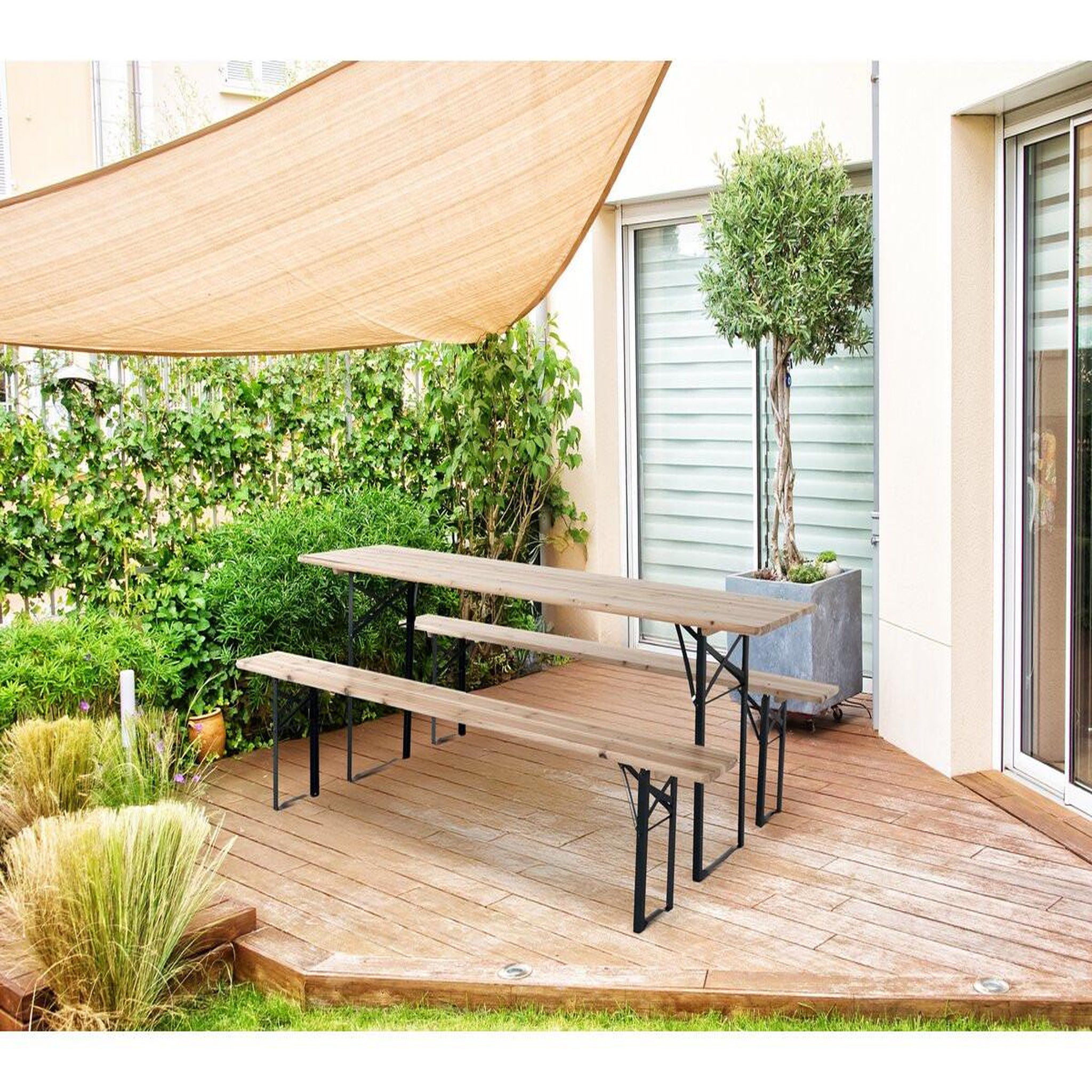 Voir la diapositive 2 : Habitat et Jardin Table de jardin brasserie pliante avec 2 bancs   lisbonne   - 176 x 46 x 75 cm -  marron