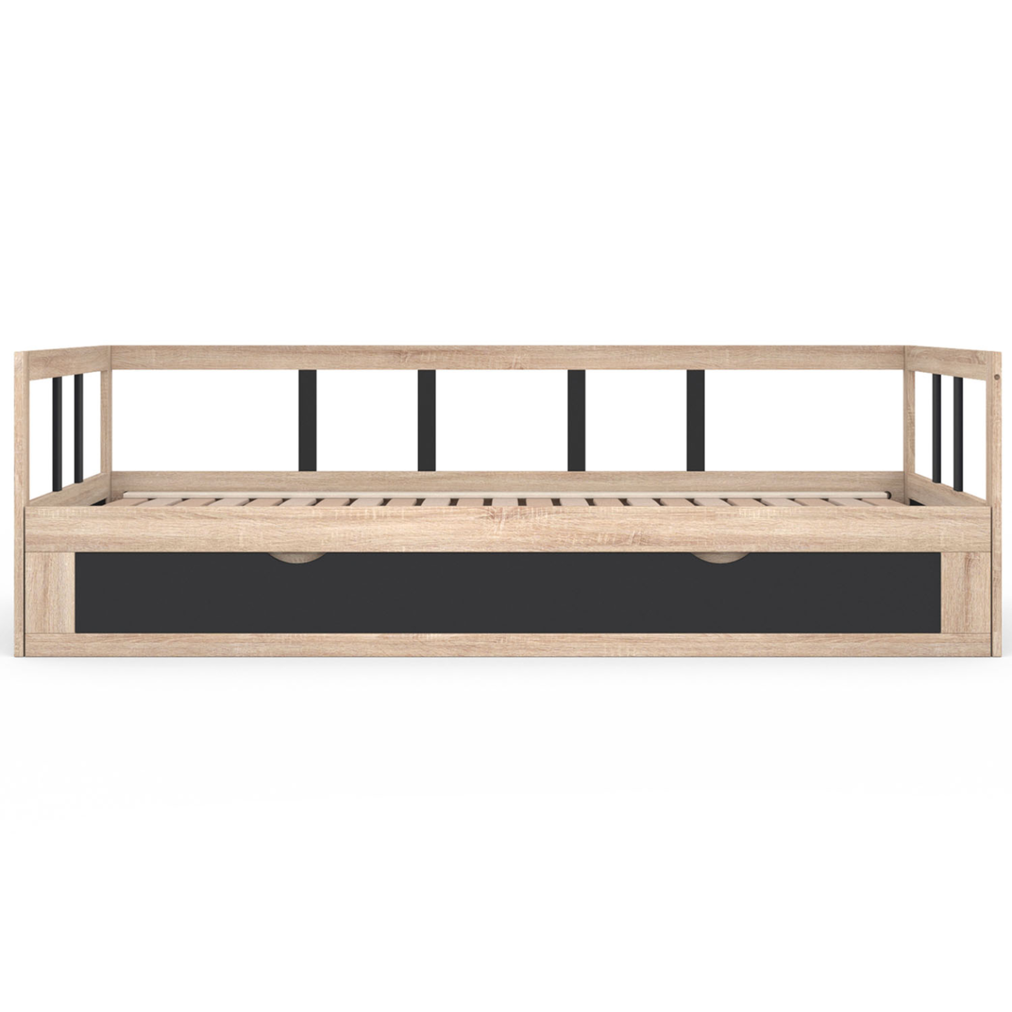 Voir la diapositive 3 : ID MARKET Lit banquette 90 x 190 cm zoya convertible 180 x 190 cm hêtre et noir avec 1 tiroir de rangement
