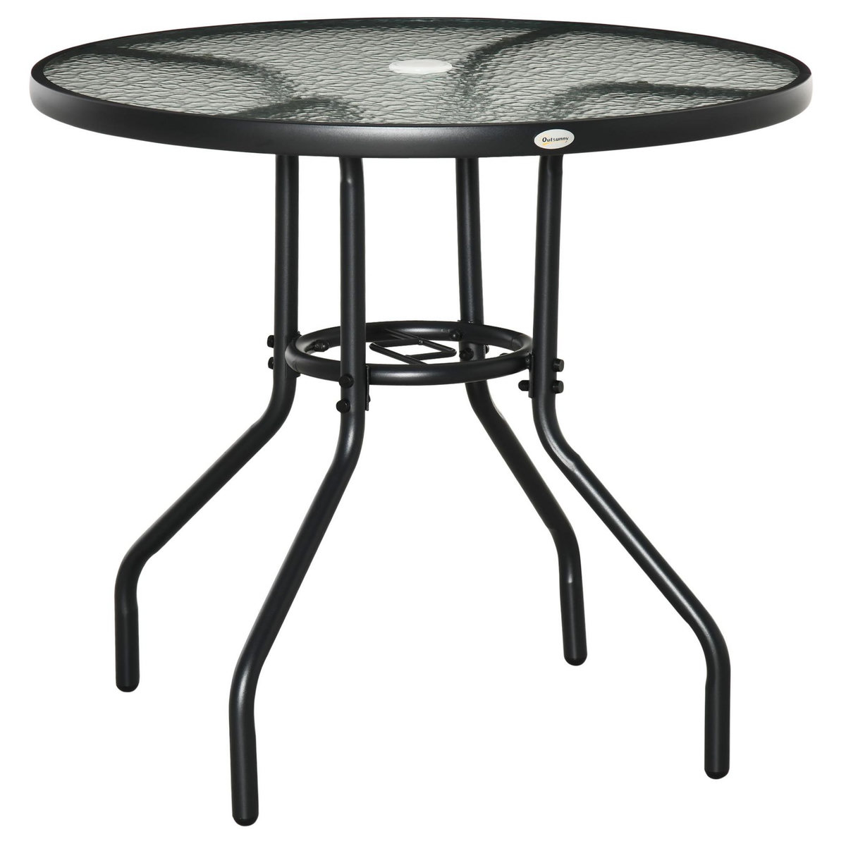 OUTSUNNY Table de jardin ronde dia. 80 x 72H cm - espace central parasol - métal noir plateau verre trempé texturé