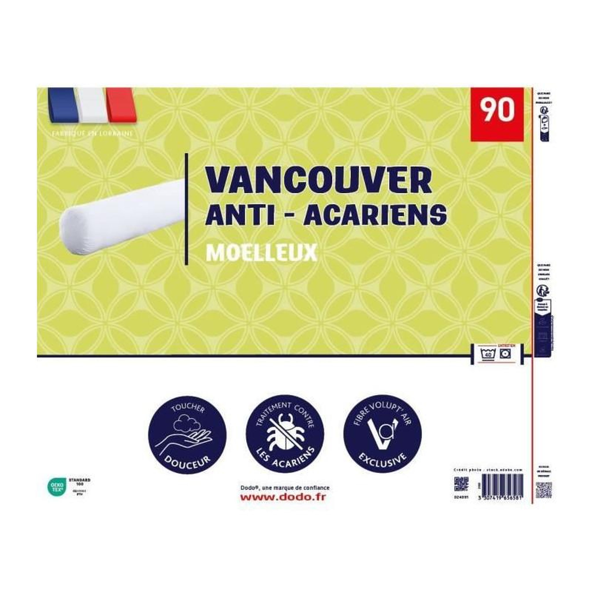 Voir la diapositive 2 : DODO Traversin VANCOUVER 90 cm - anti-acariens - 100% Polyester - DODO
