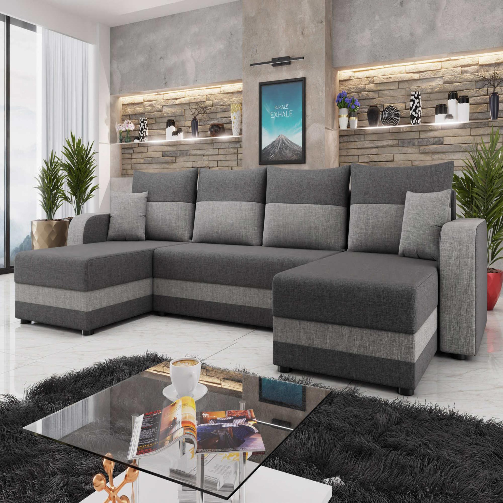 BEST MOBILIER Harvey - canapé panoramique en u 7 places convertible avec coffre en tissu bicolore. Coloris disponibles : Bicolore, Gris