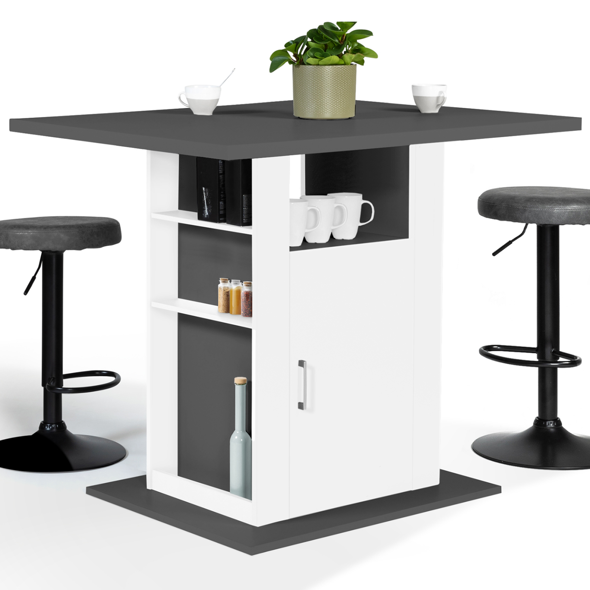 ID MARKET Ilot central ugo 110 cm plateau bois gris et blanc avec rangements