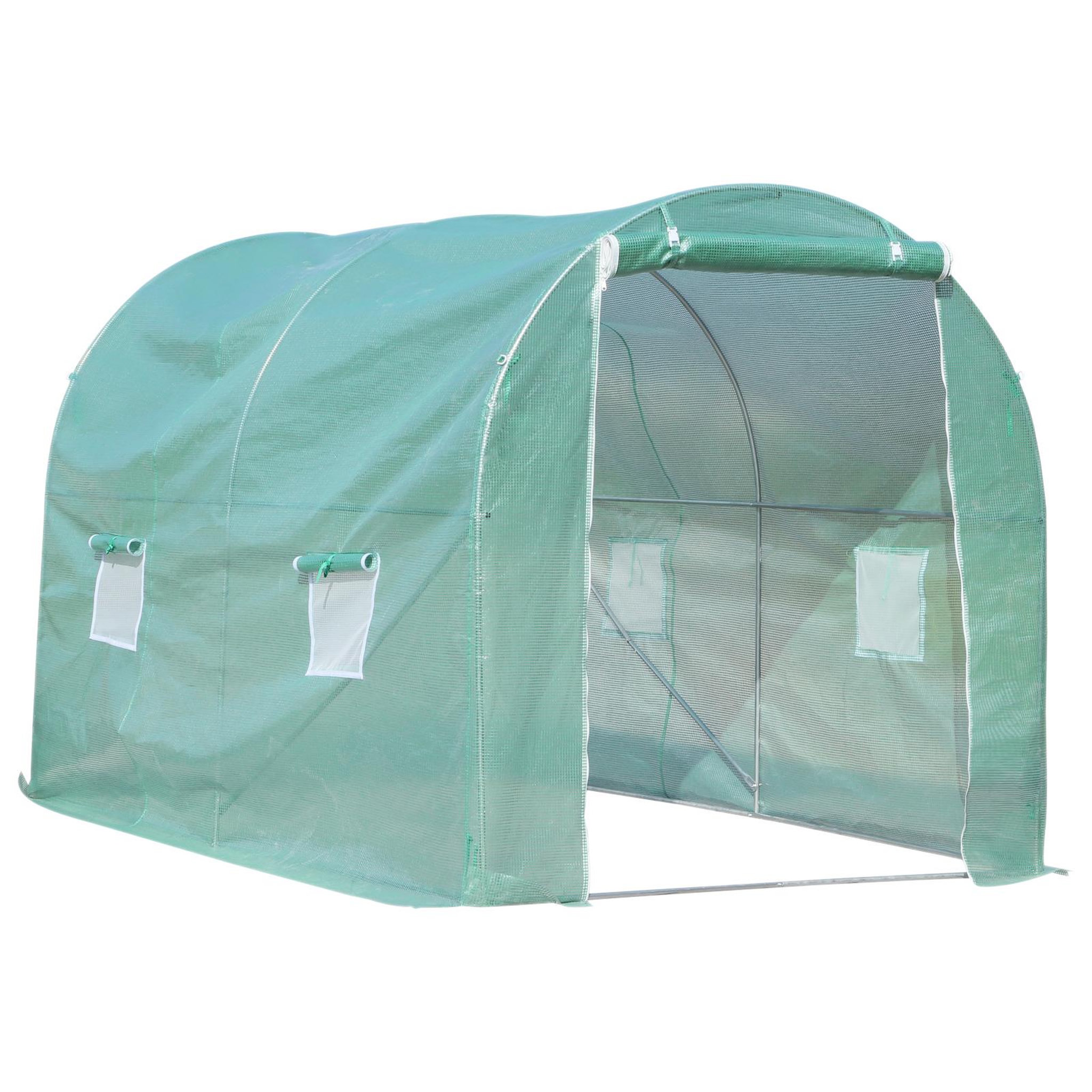 OUTSUNNY Serre de jardin tunnel surface sol 6 m² 3L x 2l x 2,10H m châssis tubulaire renforcé porte zippée 4 fenêtres enroulables vert