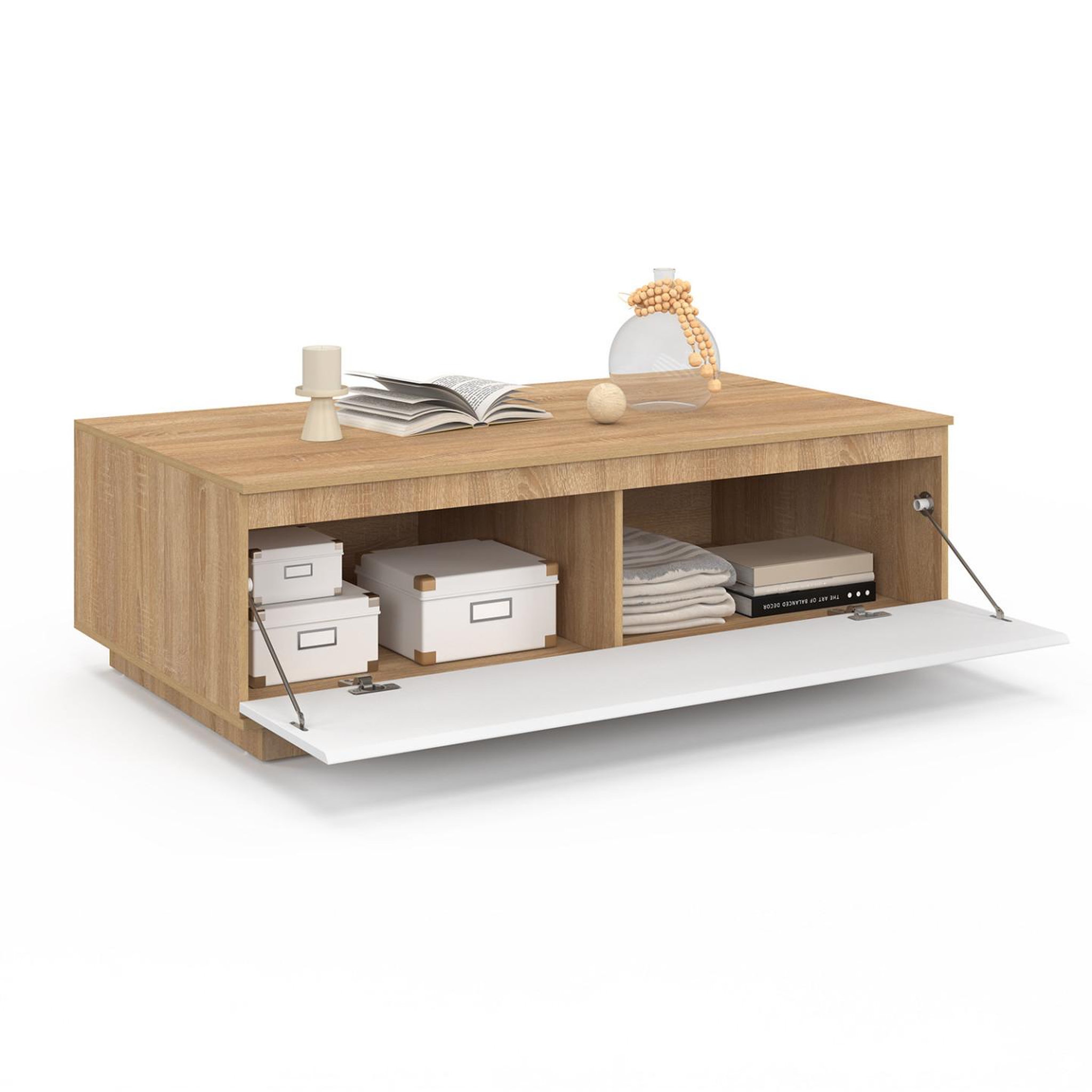 ID MARKET Table basse tomi 110 cm avec porte façon hêtre et blanc