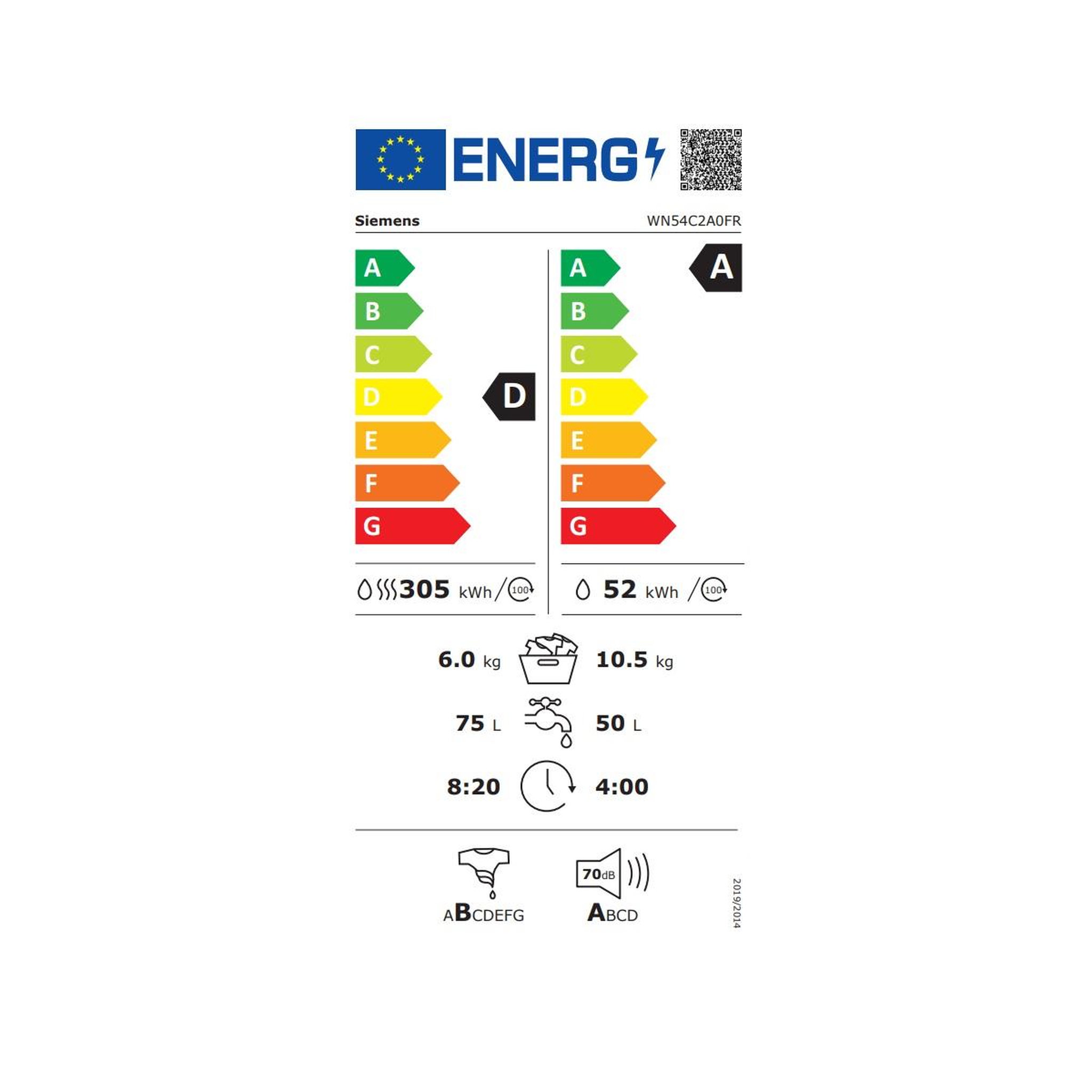 Voir la diapositive 2 : Siemens Lave-linge séchant frontal 10/6kg 1400 tours/min - wn54c2a0fr
