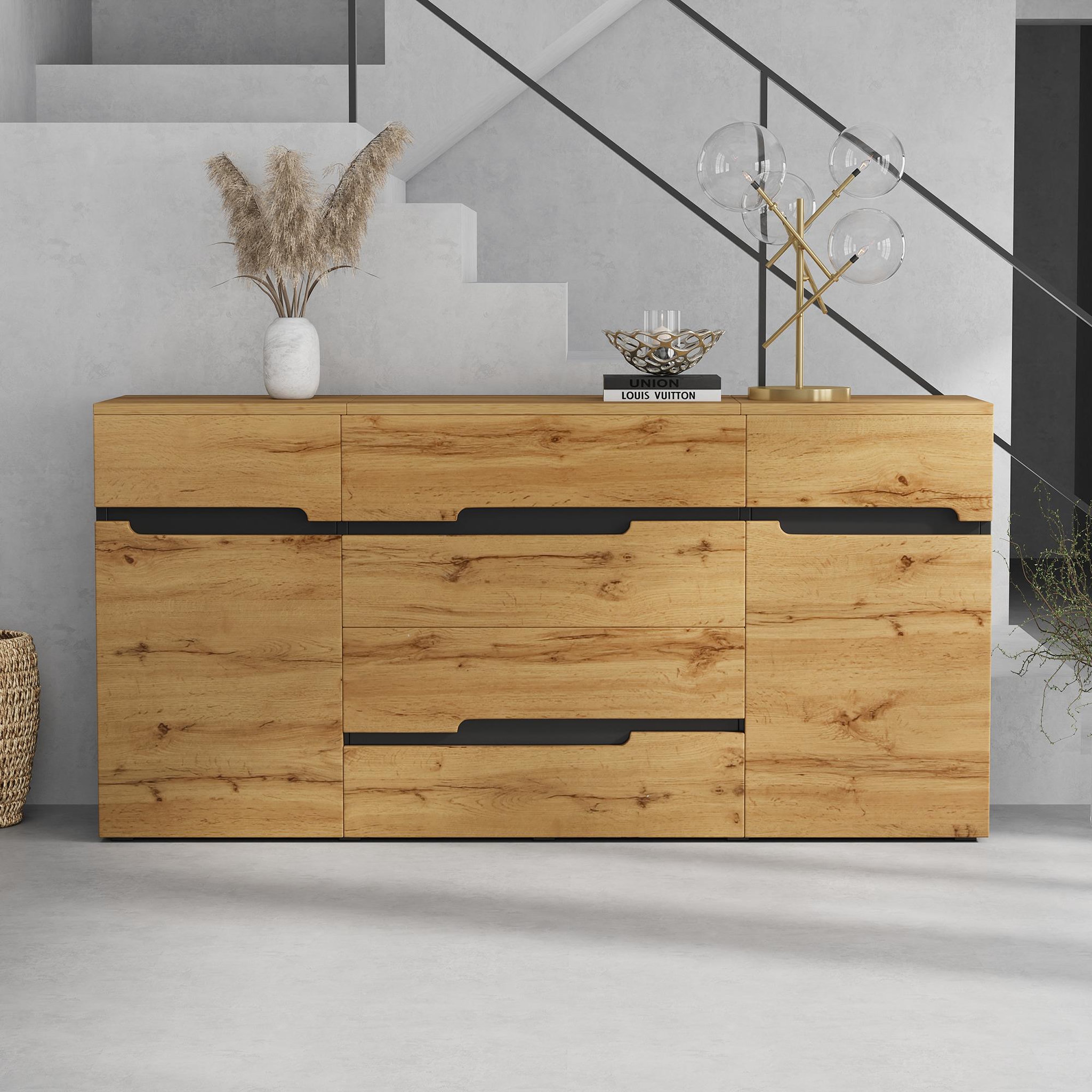 Voir la diapositive 2 : MERAX Buffet 2 porte(s) 4 tiroir(s) - 160 cm naturel+noir panneau de particules