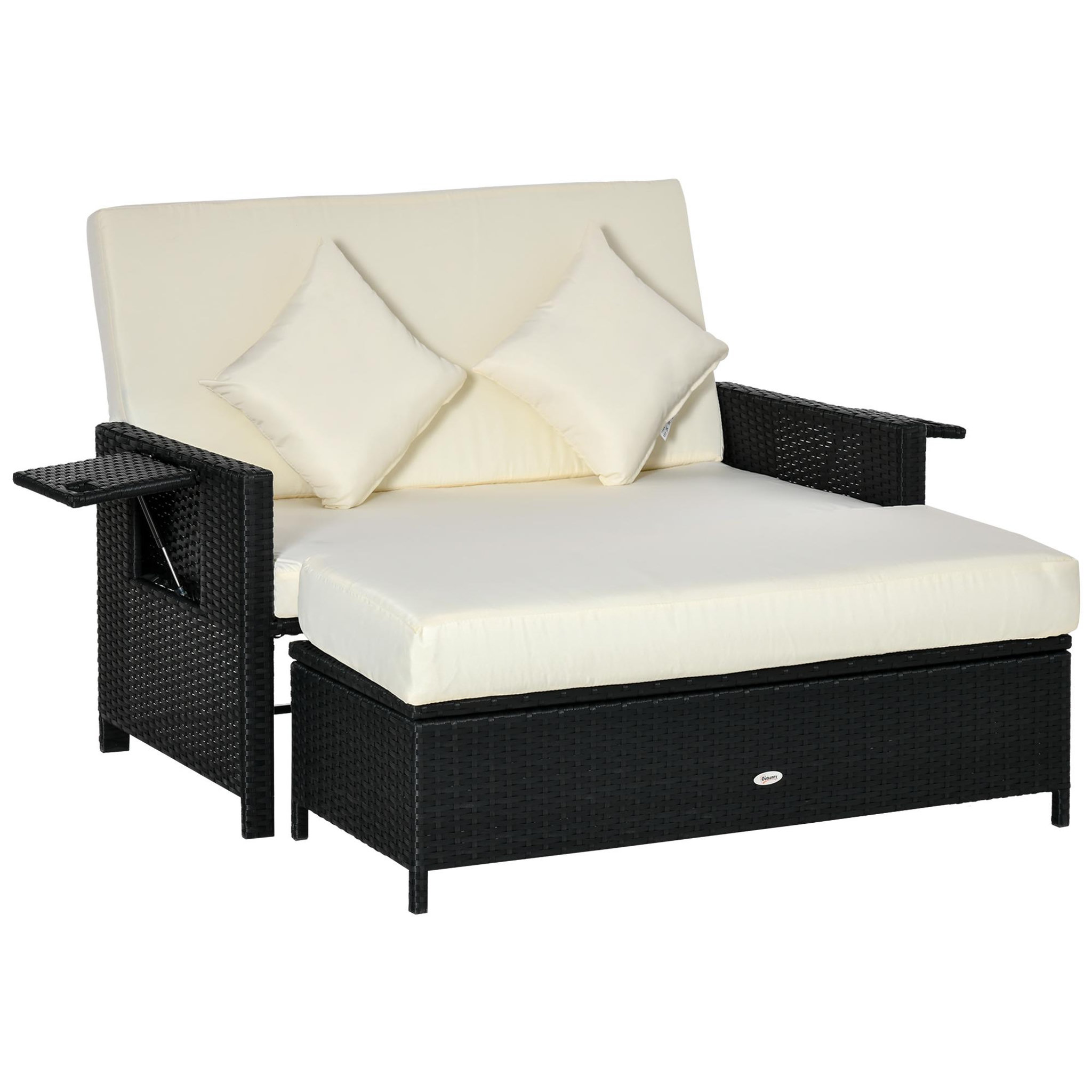 Voir la diapositive 1 : OUTSUNNY Ensemble de jardin 2 places : canapé dossier inclinable tablettes coffre matelas et coussins intégrées + repose-pieds résine tressée 4 fils noire polyester crème