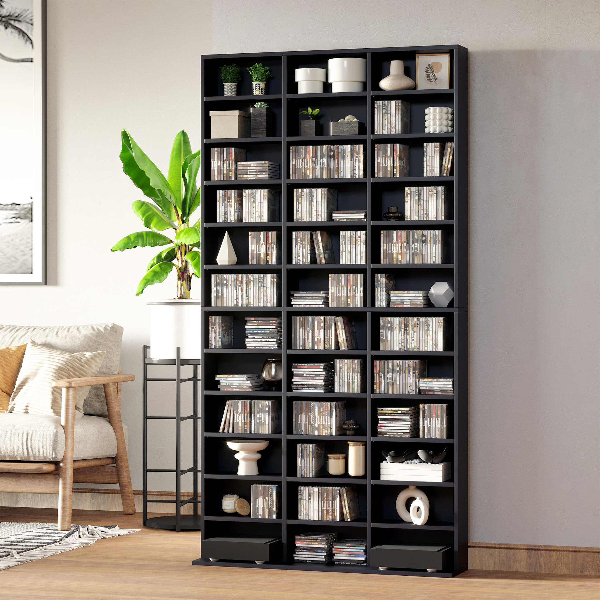 Voir la diapositive 2 : HOMCOM Étagère rangement CD/DVD meuble de rangement pour 1116 CDs 33 compartiments réglables en hauteur 102 x 24 x 195 cm noir