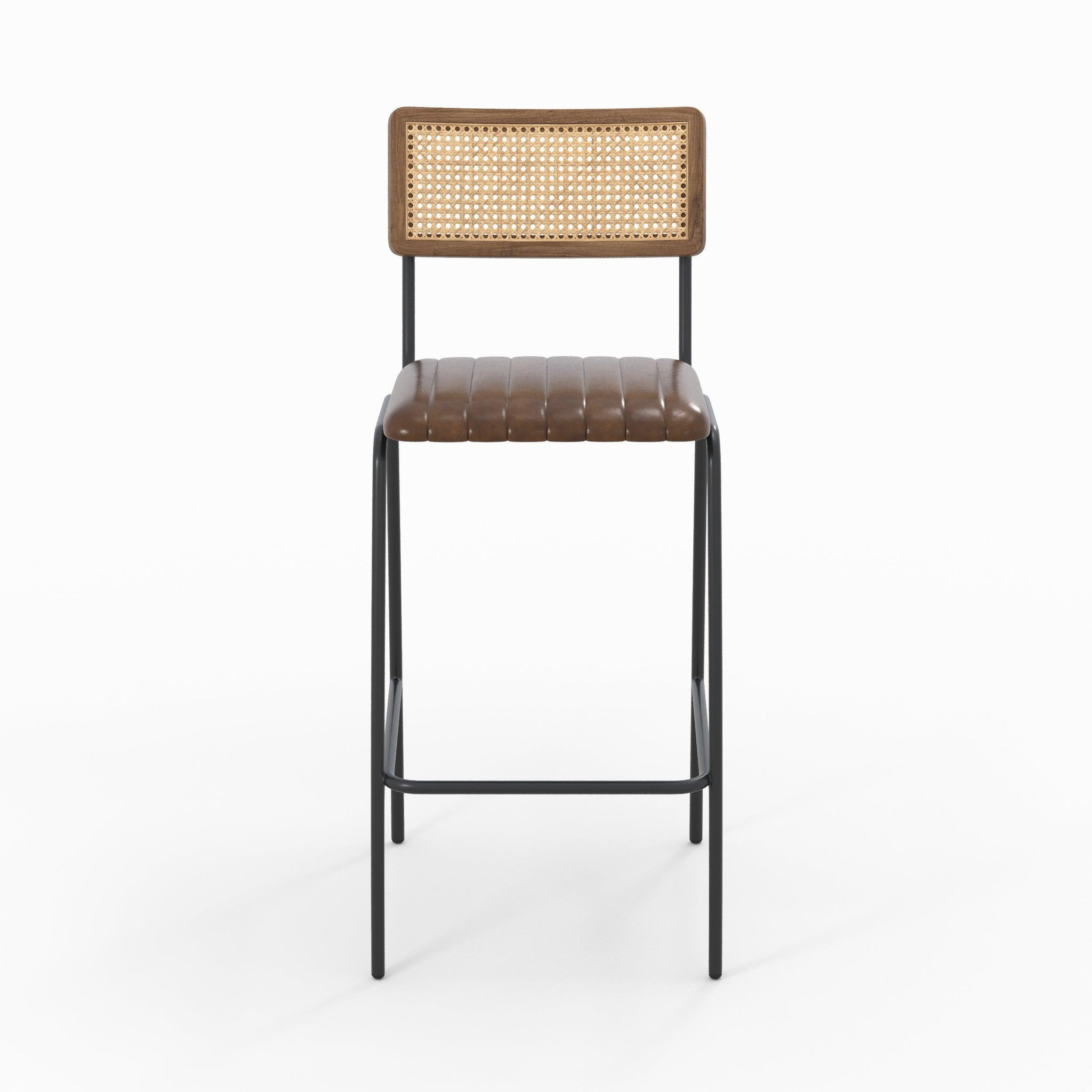 Voir la diapositive 3 : MAISON PAVANE Lot de 2 chaises de bar 76 cm en cannage et cuir marron-arsène