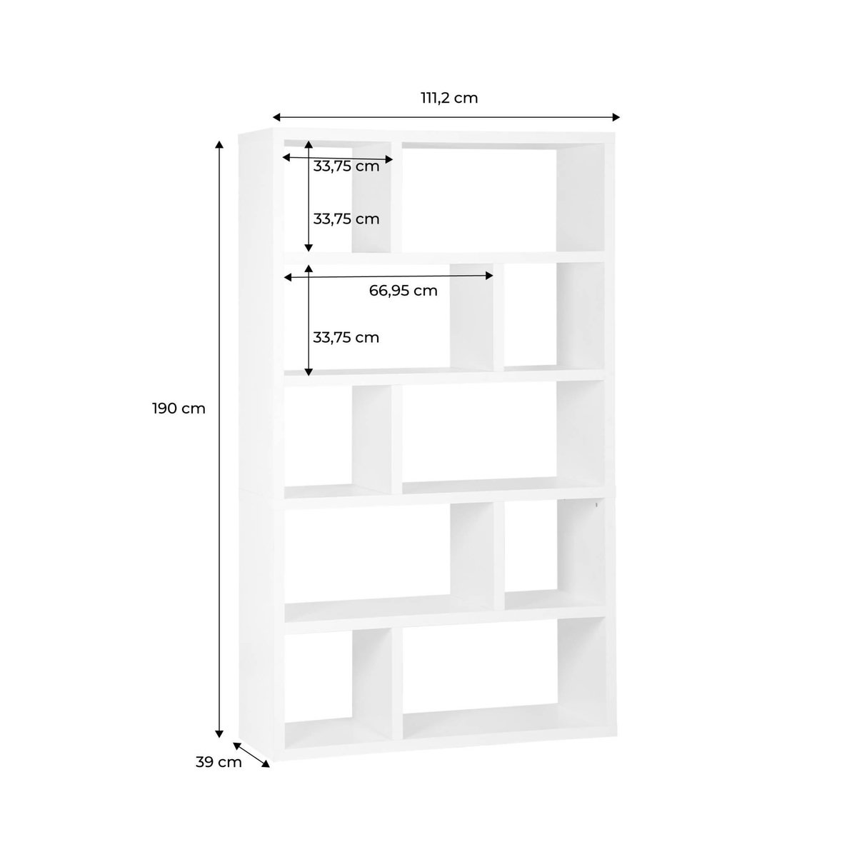 SWEEEK Etagère bibliothèque asymétrique 5 niveaux 10 compartiments. casiers. effet bois blanc. L 111.2 x P 39 x H 190cm