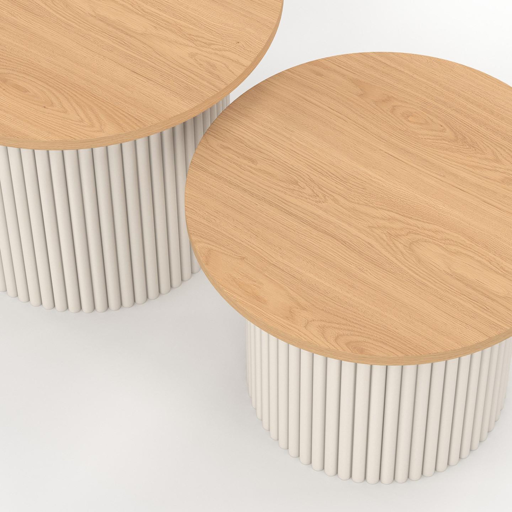 Voir la diapositive 5 : ID MARKET Lot de 2 tables basses gigognes kanel rondes 40/45 effet cannelé beige et plateau bois