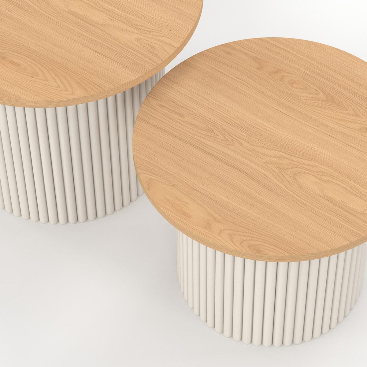 ID MARKET Lot de 2 tables basses gigognes KANEL rondes 40/45 effet cannelé beige et plateau bois