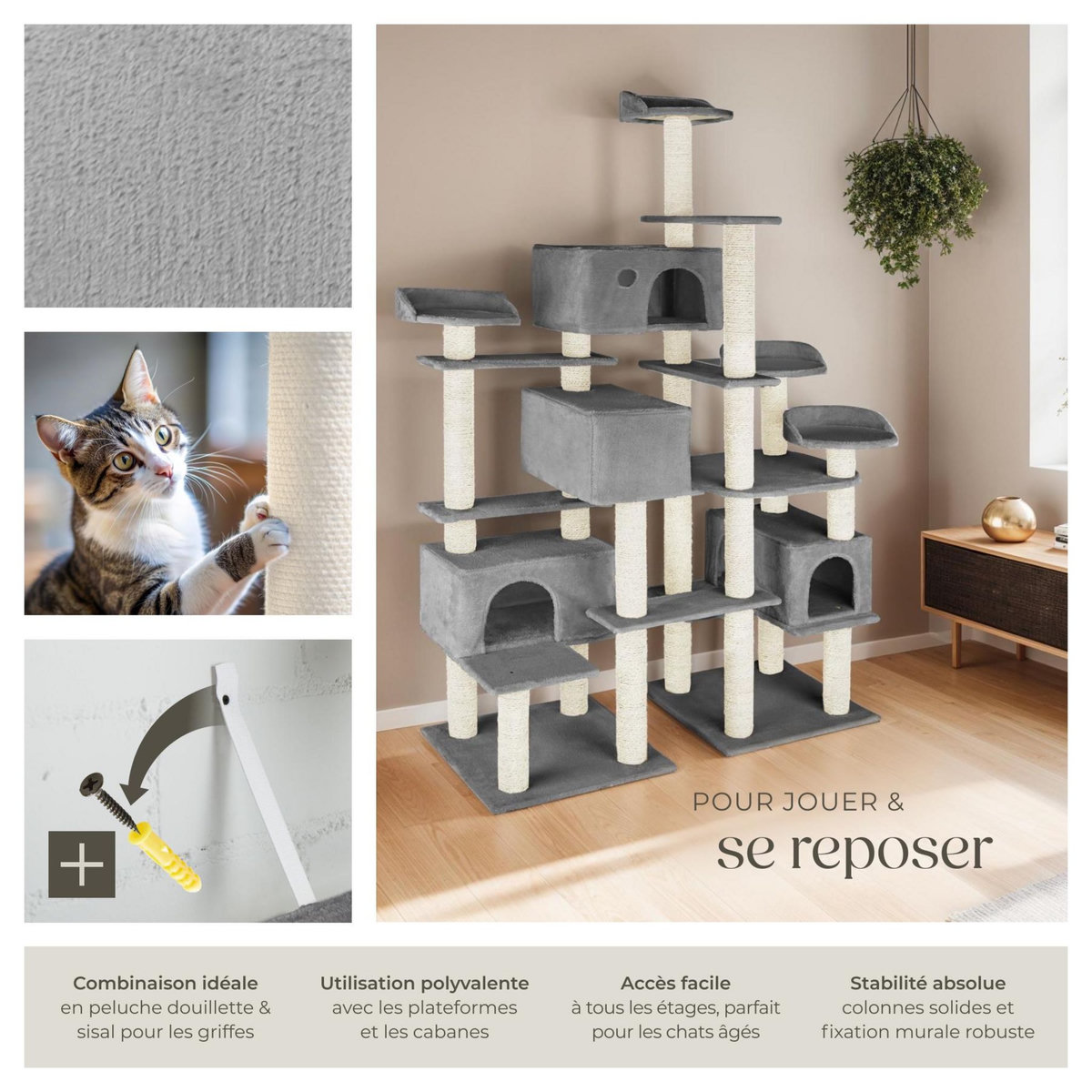 tectake Arbre à chat 214 cm avec griffoir et plateforme d'escalade gris