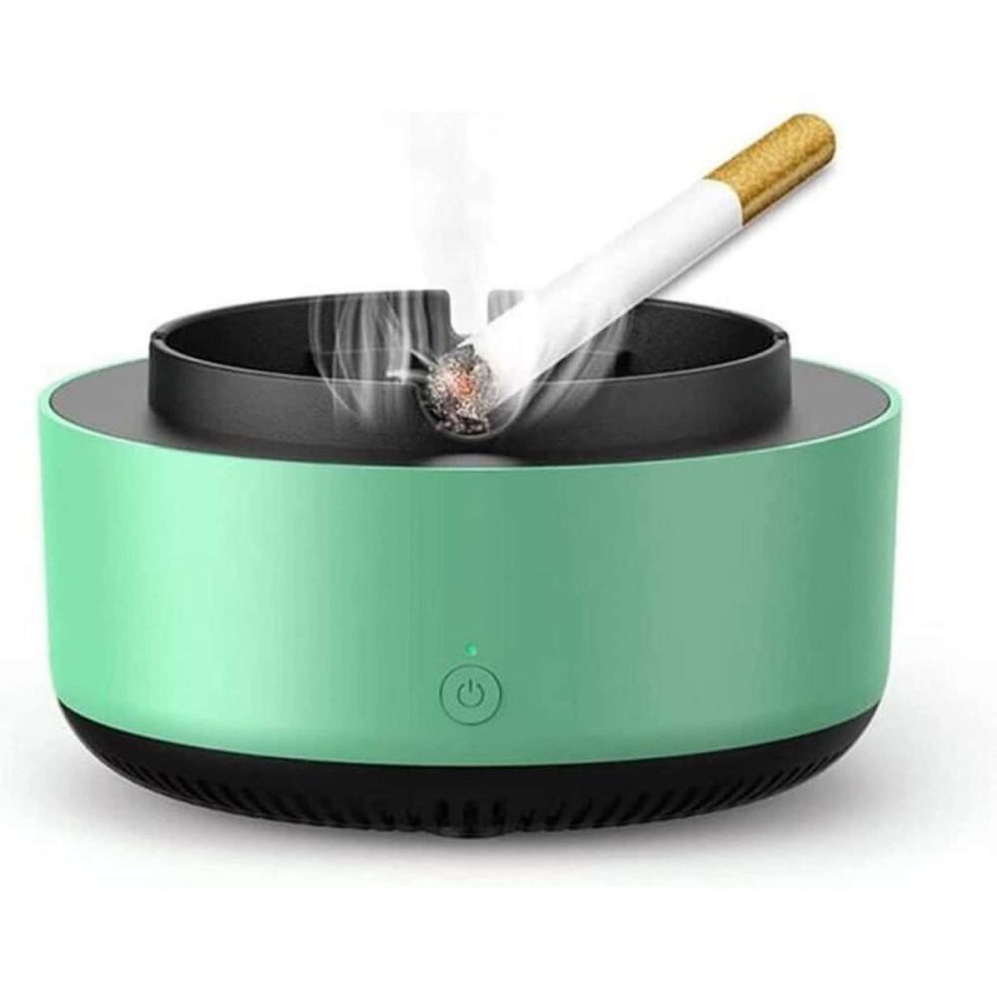 Cendrier électronique purificateur par ions négatifs avec aspiration 360°, filtre à charbon actif et recharge USB, noir, anneau lumineux vert