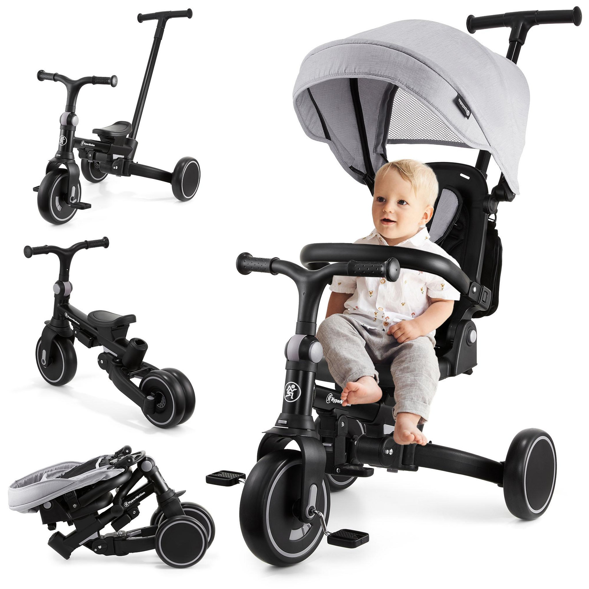 HYPERMOTION Tricycle Bébé Évolutif 8 en 1 – Siège Pivotant 360°, Vélo Enfant, Pliable, Confortable - Gris
