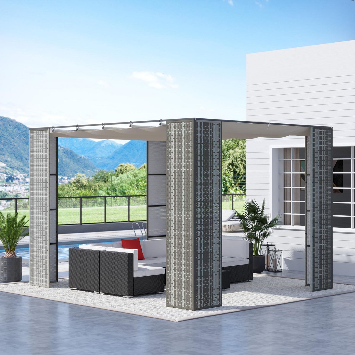 OUTSUNNY Pergola rétractable style colonial dim. 2,98L x 2,98l x 2H m métal époxy anticorrosion résine tressée grise toile polyester haute densité 180 g/m² crème