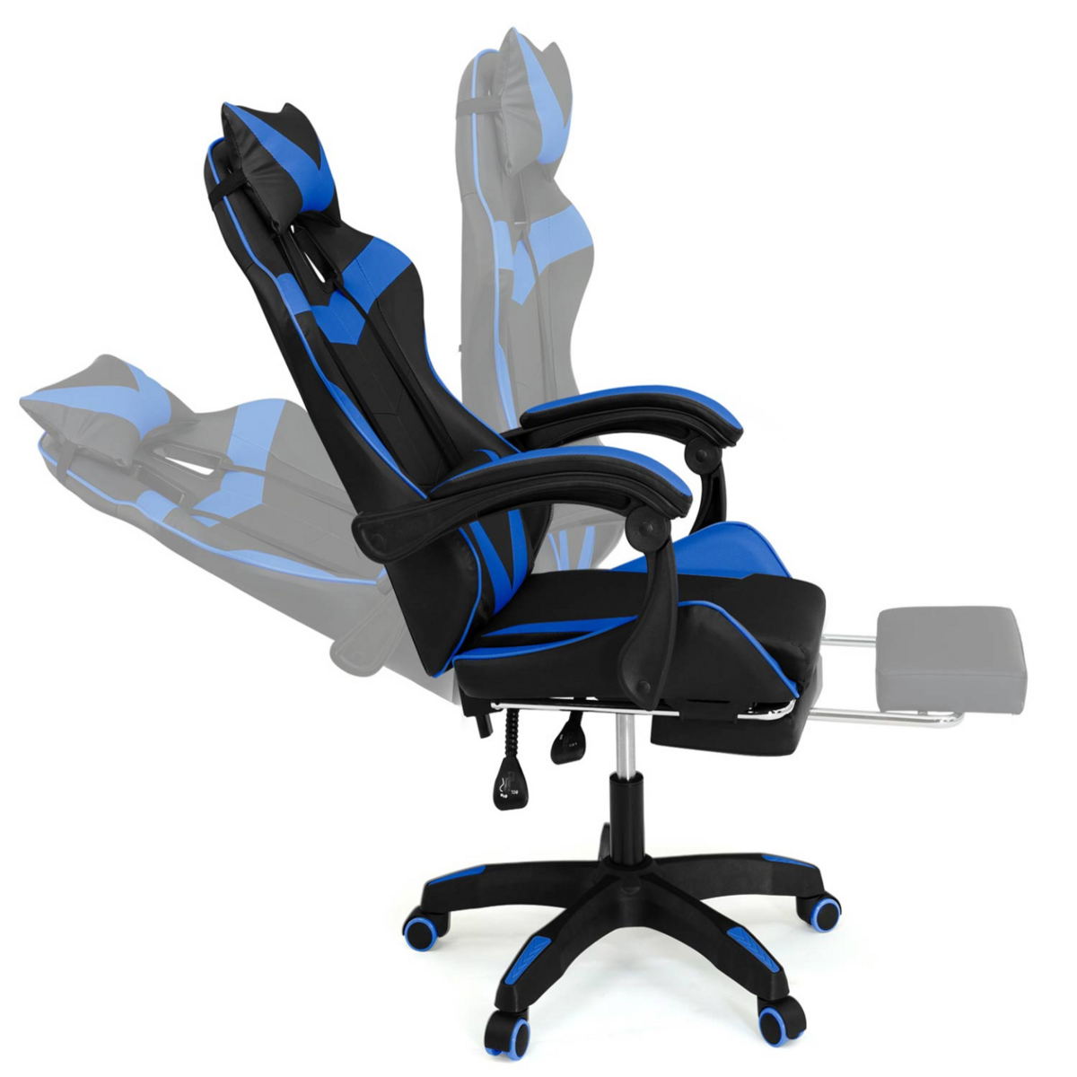 ID MARKET Fauteuil de gaming ALEX réglable avec repose-pied, coussin de tête et coussin lombaire noir et bleu