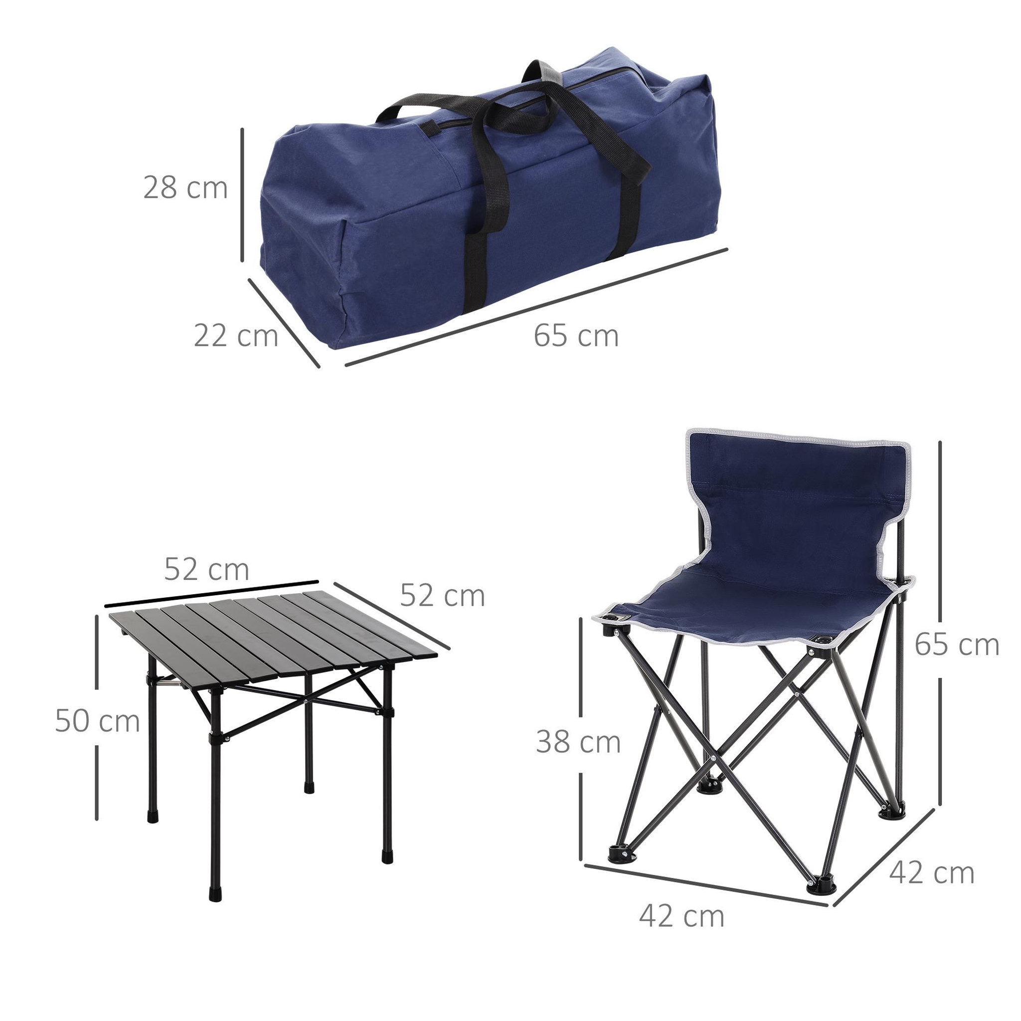 Voir la diapositive 3 : OUTSUNNY Table de camping + 4 chaises + sac de transport - pliant léger petit portable - pour pique-nique, festival, barbecue, randonnée, pêche - acier alu. noir Oxford bleu