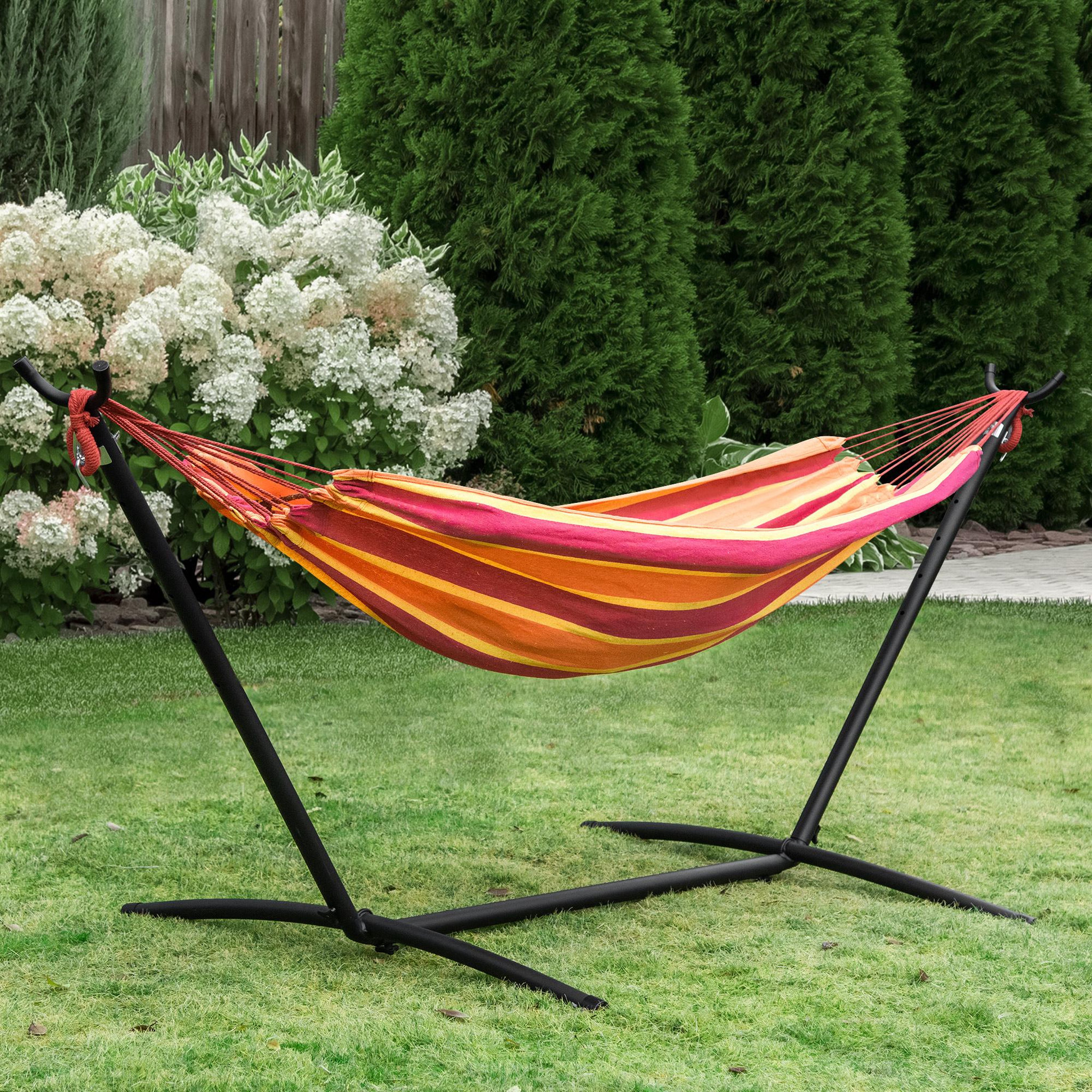 Voir la diapositive 2 : OUTSUNNY Hamac de jardin avec support en métal époxy hamac sur pied 1 place charge max. 120 Kg sac transport rouge