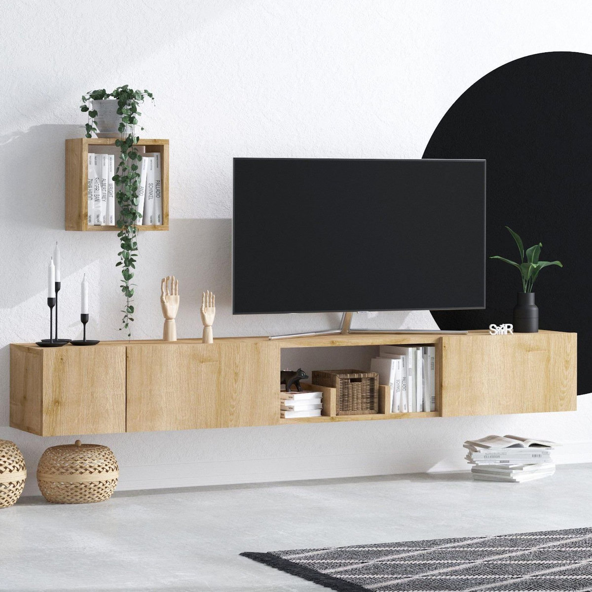 Habitat et Jardin Meuble TV avec étagère murale en bois  Avior  - 180 x 32 x 25 cm - Beige