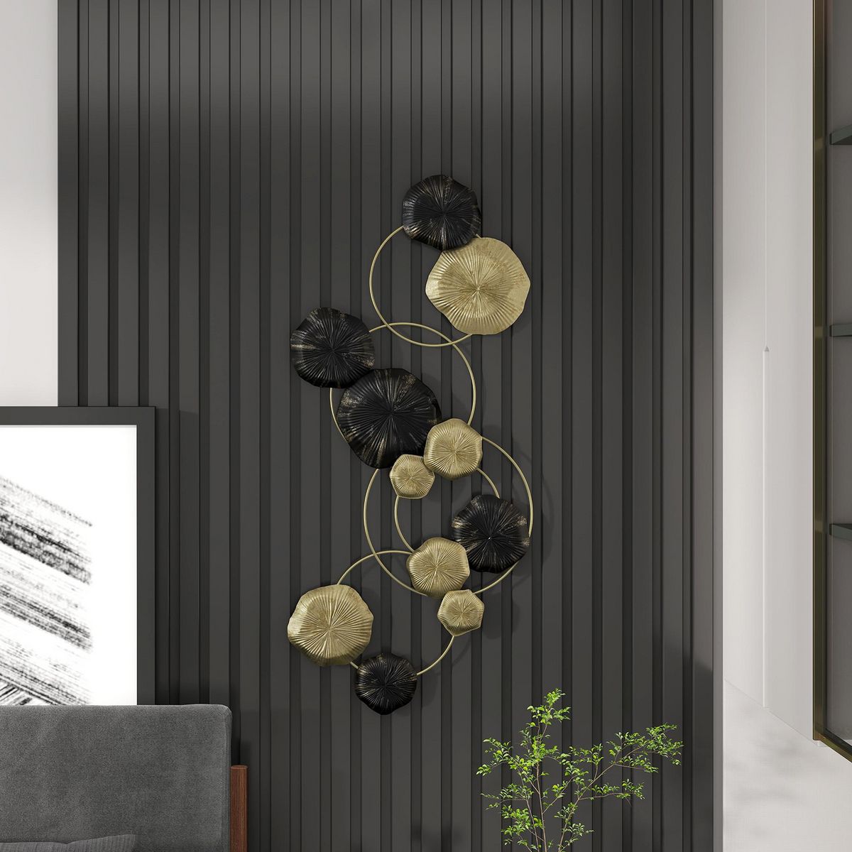 HOMCOM Décoration murale métal - décoration murale design feuilles de lotus - dim. 84 x 35 cm - doré noir