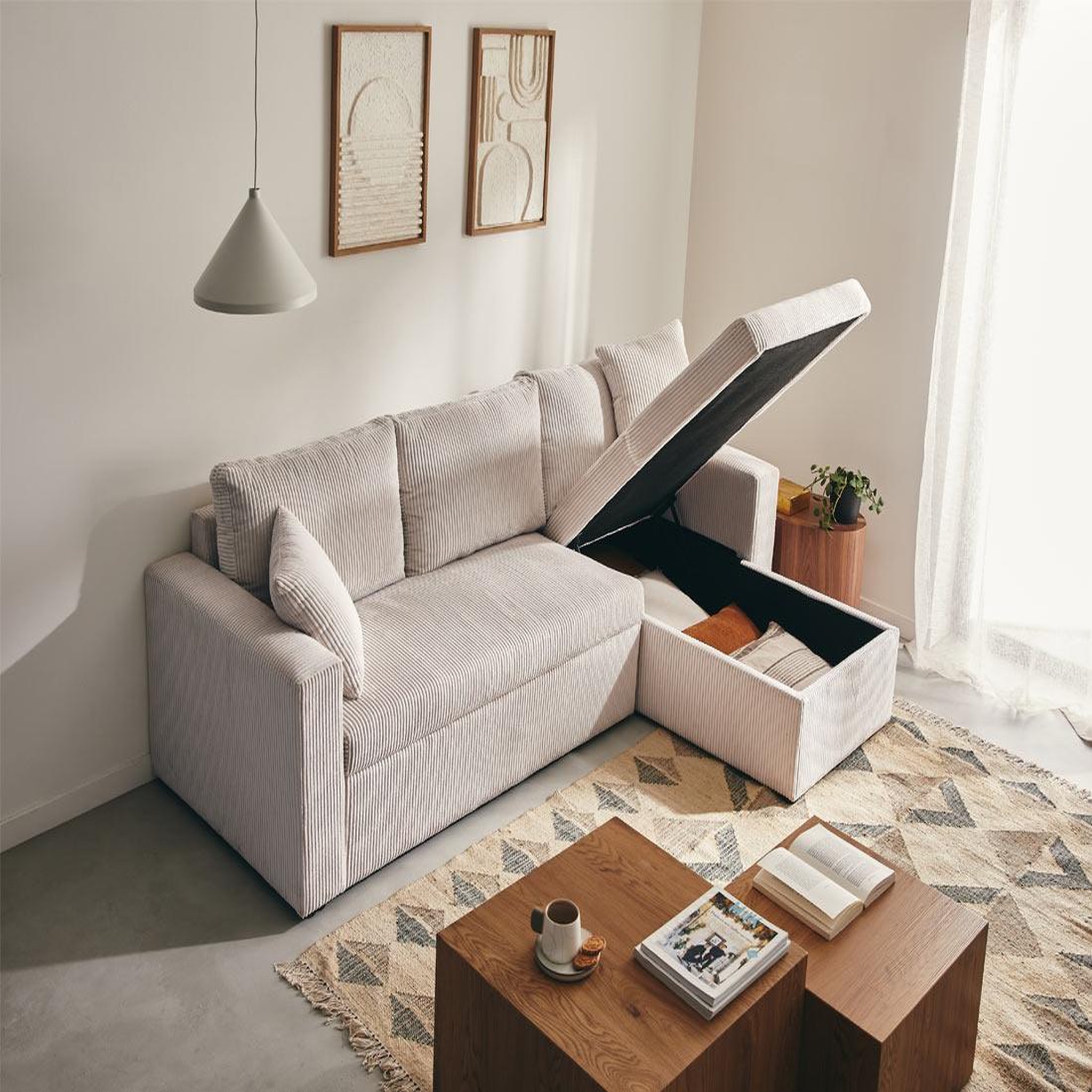 Voir la diapositive 2 : BEST MOBILIER Cyrus - canapé d'angle réversible 4 places - convertible avec coffre - en velours côtelé