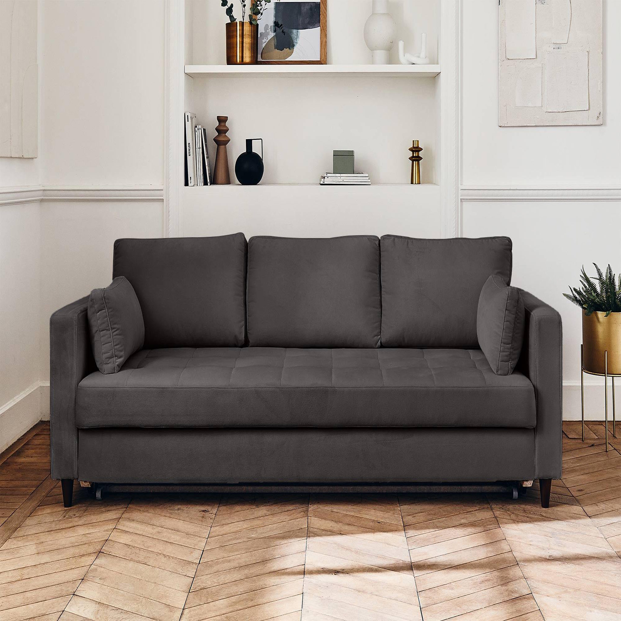 Voir la diapositive 5 : BEST MOBILIER Anna - canapé droit 3 places convertible avec poche en velours