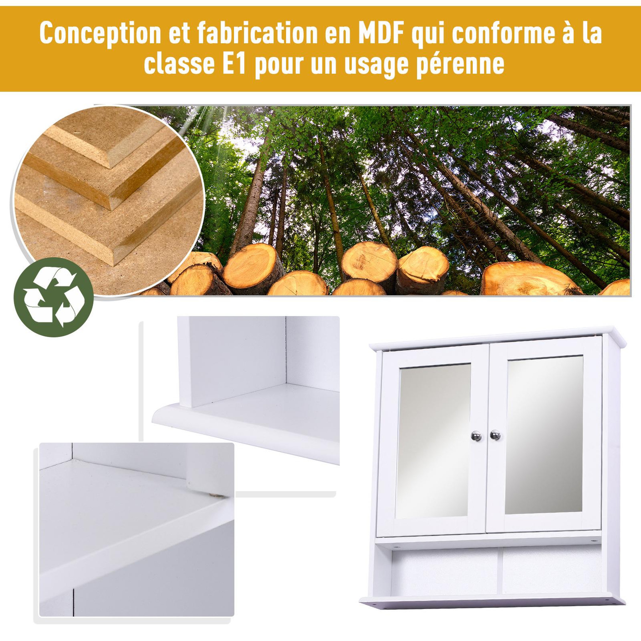 Voir la diapositive 6 : HOMCOM Armoire murale étagère salle de bain 56l x 13l x 58h cm double porte miroir étagère réglable mdf blanc