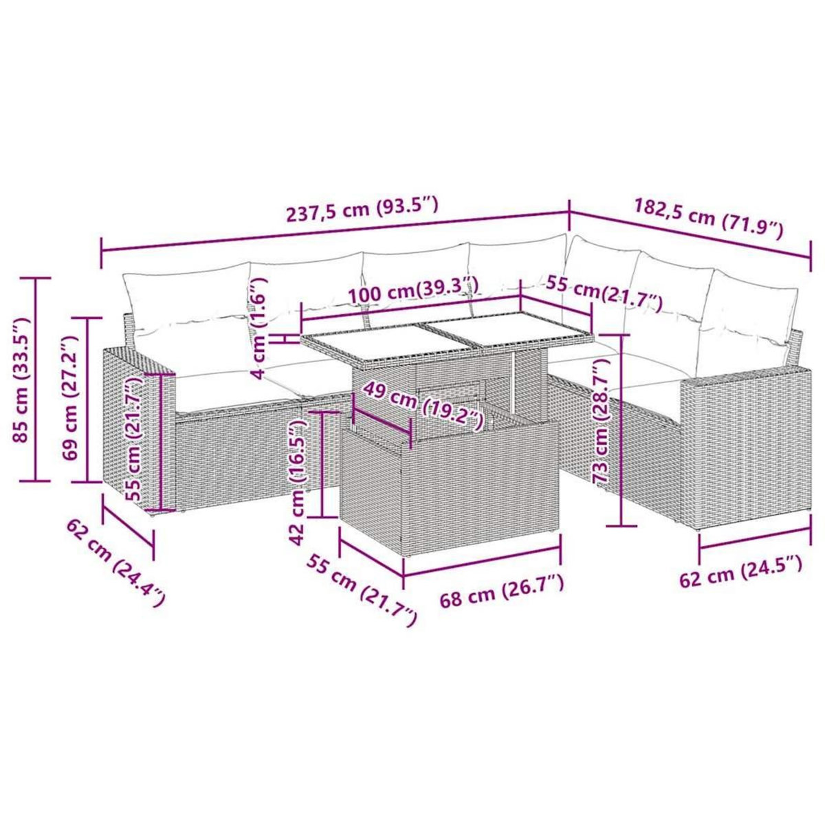 VIDAXL Salon de jardin avec coussins 7 pcs gris clair resine tressee