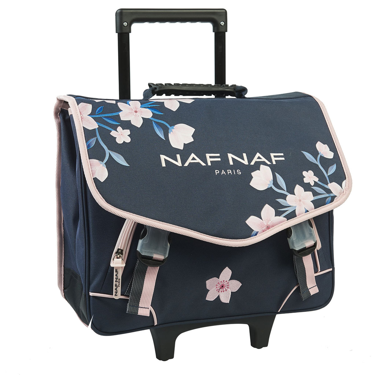 Naf Naf Cartable à roulettes bleu motif fleurs roses