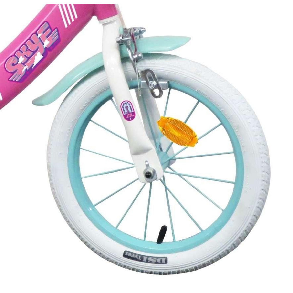 Nickelodeon Vélo enfant - Modèle 14'' Pat Patrouille à l'effigie de Stella + Casque pour enfant de 95/110 cm avec stabilisateurs - Panier avant - Porte poupée arrière - 2 freins
