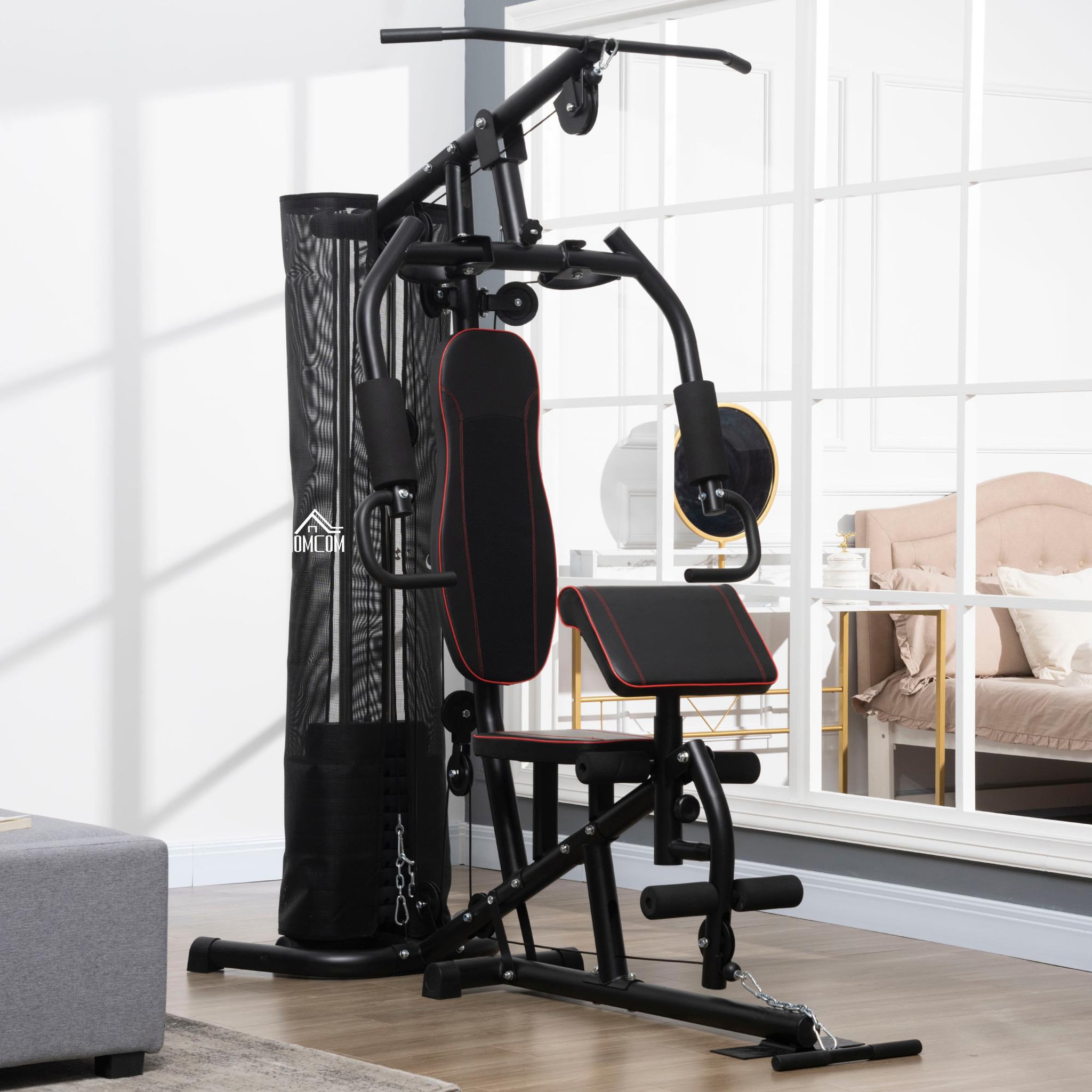 Voir la diapositive 2 : HOMCOM Station de musculation - entrainement complet - développé couché, butterfly, barre latissimus, curler, bande résistance, 10 contrepoids - acier noir rouge