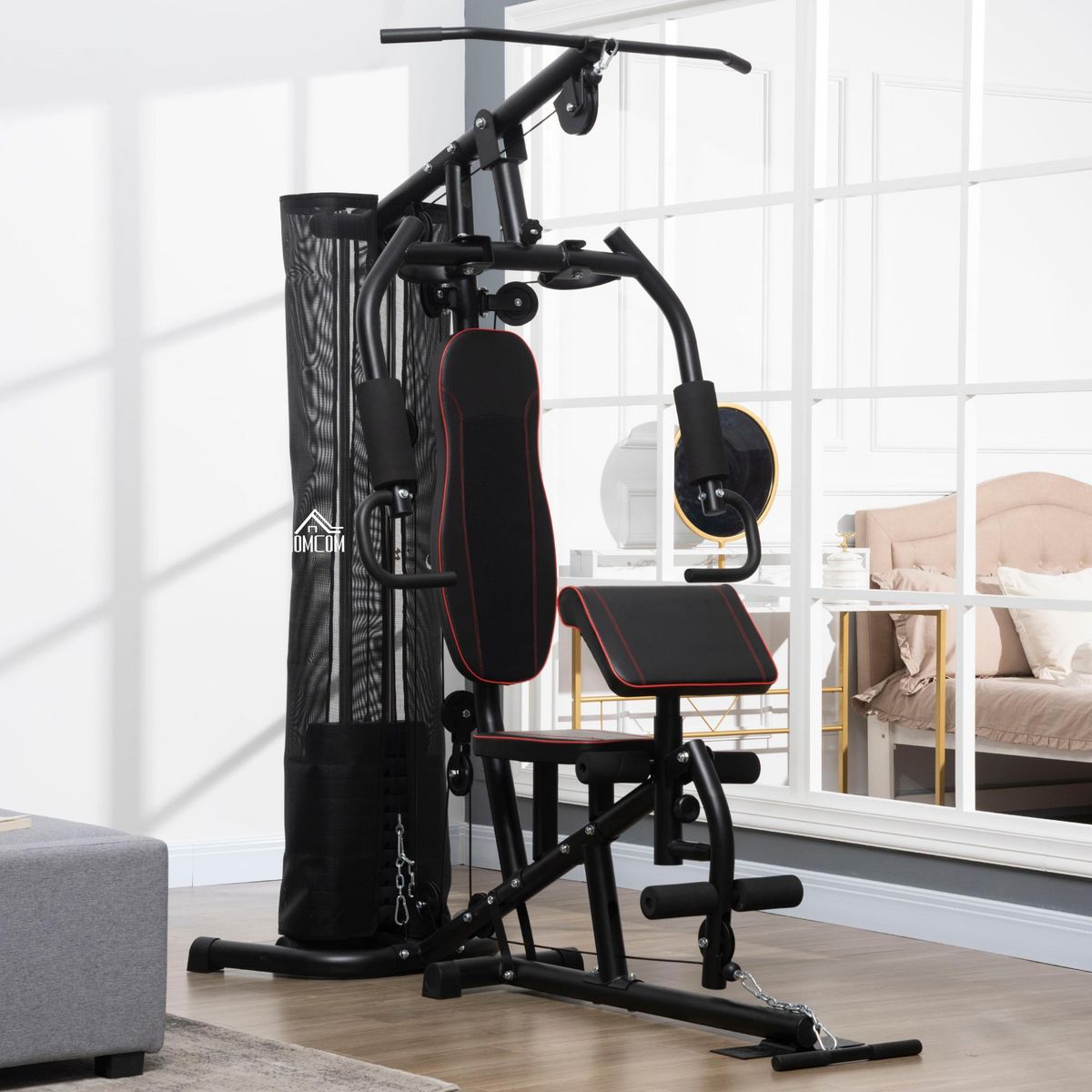 HOMCOM Station de musculation - entrainement complet - développé couché, butterfly, barre latissimus, curler, bande résistance, 10 contrepoids - acier noir rouge