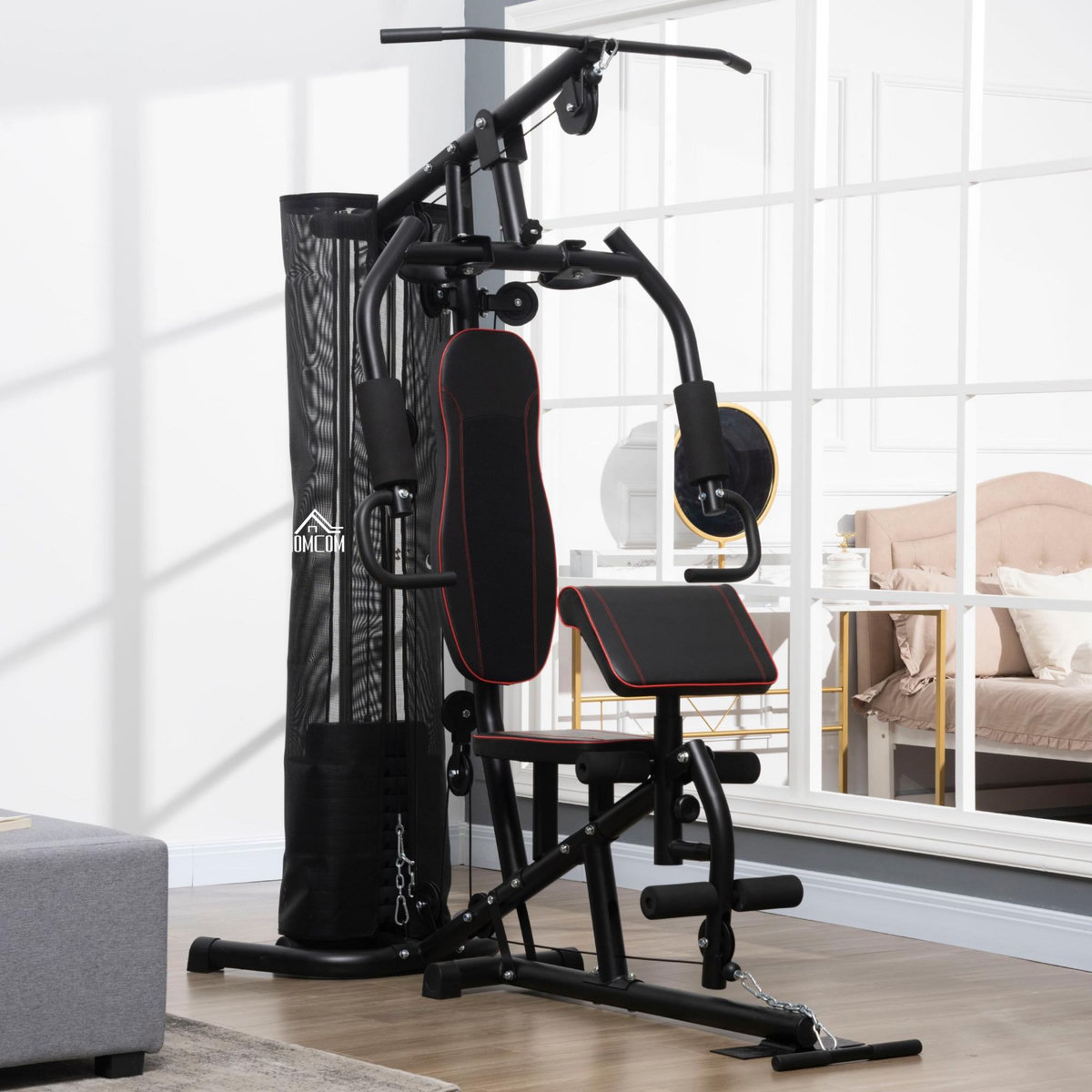 HOMCOM Station de musculation - entrainement complet - développé couché, butterfly, barre latissimus, curler, bande résistance, 10 contrepoids - acier noir rouge