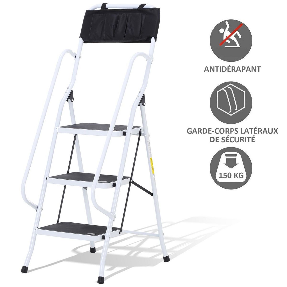 HOMCOM HOMCOM Escabeau pliable 3 marches XL antidérapantes double garde corps hauteur max. 1,31 m charge max. 150 Kg pochette outils intégrée acier blanc noir