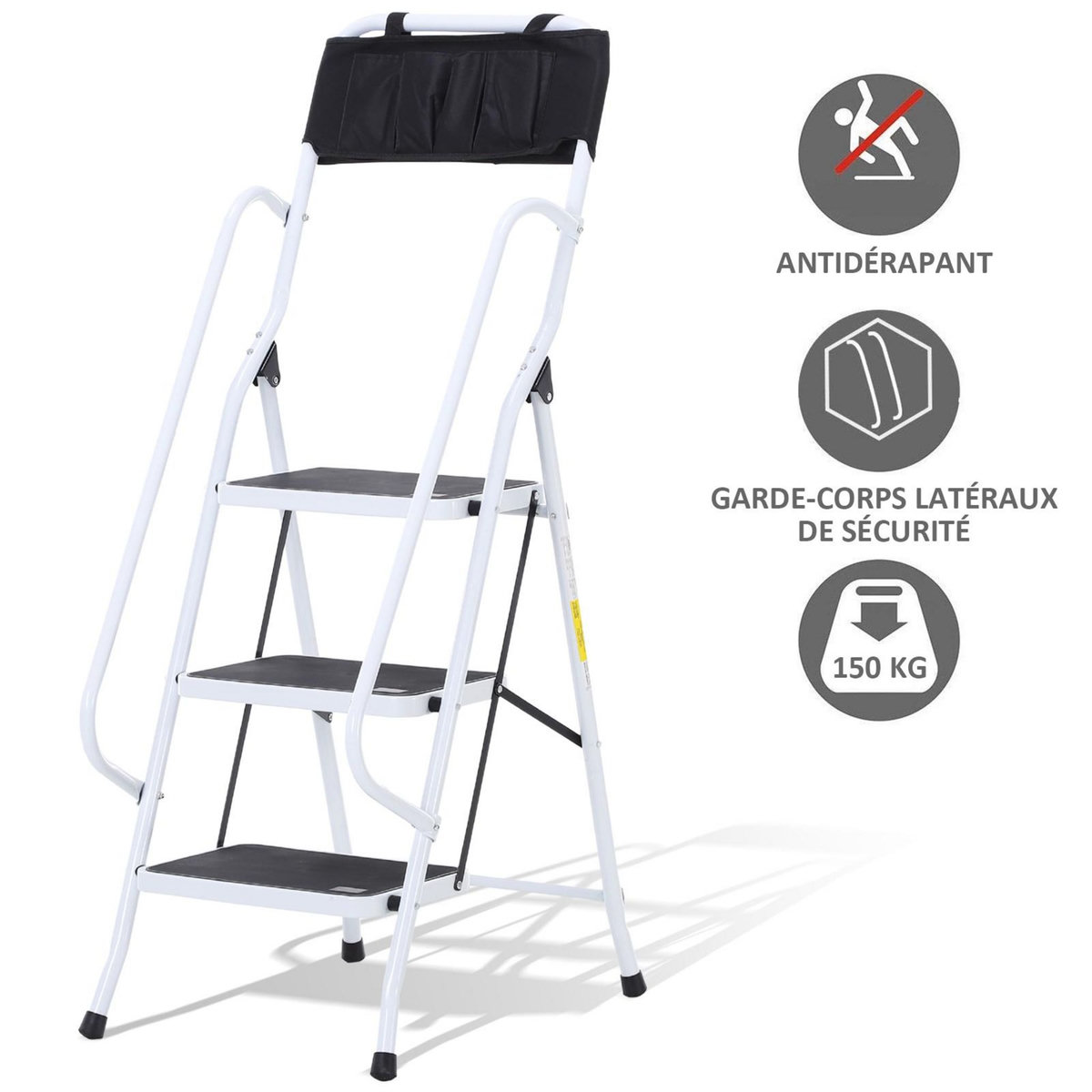 HOMCOM HOMCOM Escabeau pliable 3 marches XL antidérapantes double garde corps hauteur max. 1,31 m charge max. 150 Kg pochette outils intégrée acier blanc noir
