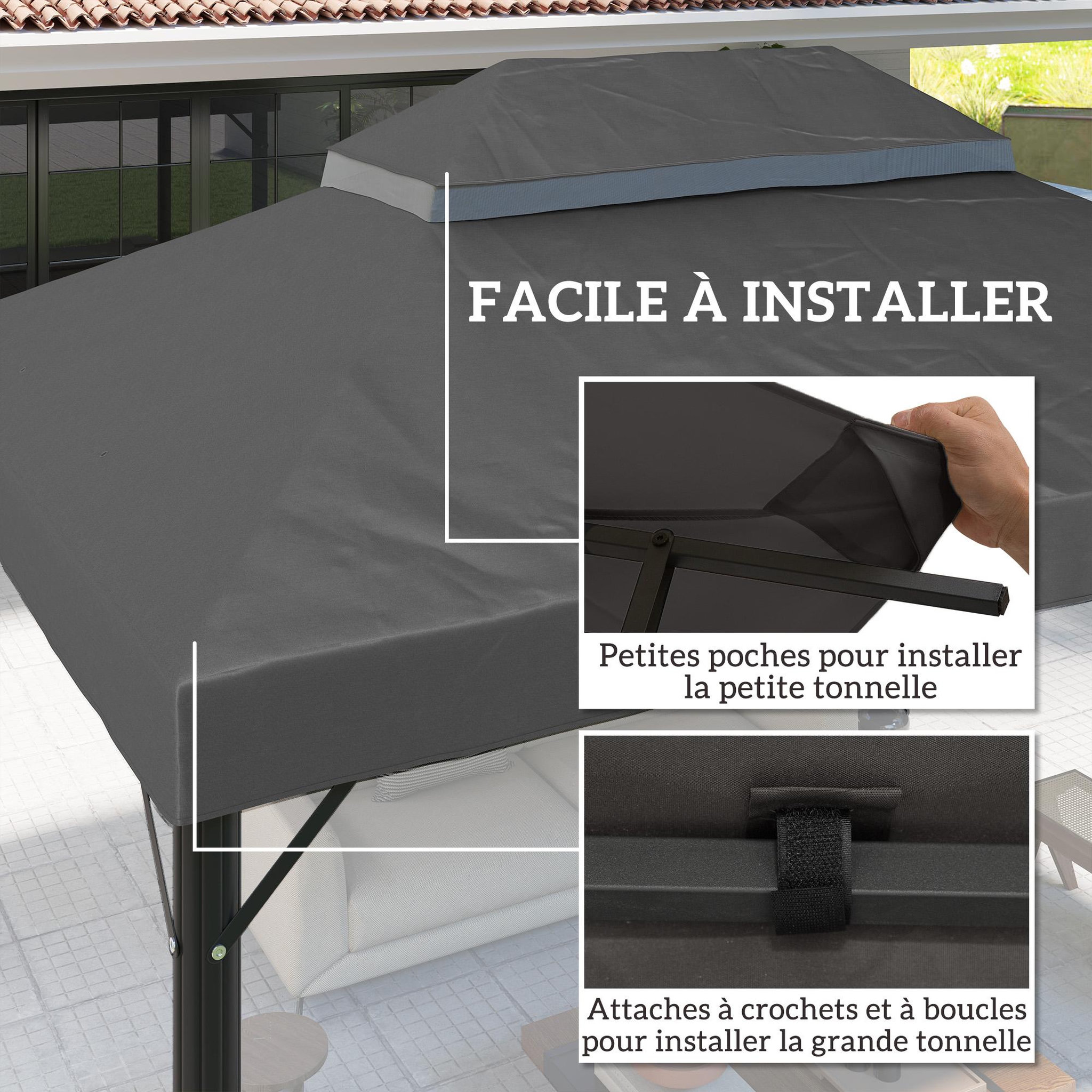 Voir la diapositive 4 : OUTSUNNY Toile de rechange barnum tonnelle 4 x 3 m - toit double avec œillets drainage - polyester haute densité 370 g/m² gris