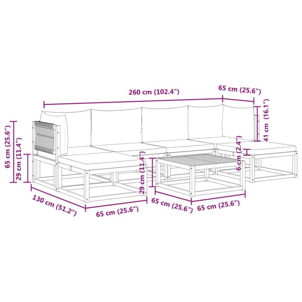 VIDAXL Salon de jardin avec coussins 7 pcs bois massif d'acacia