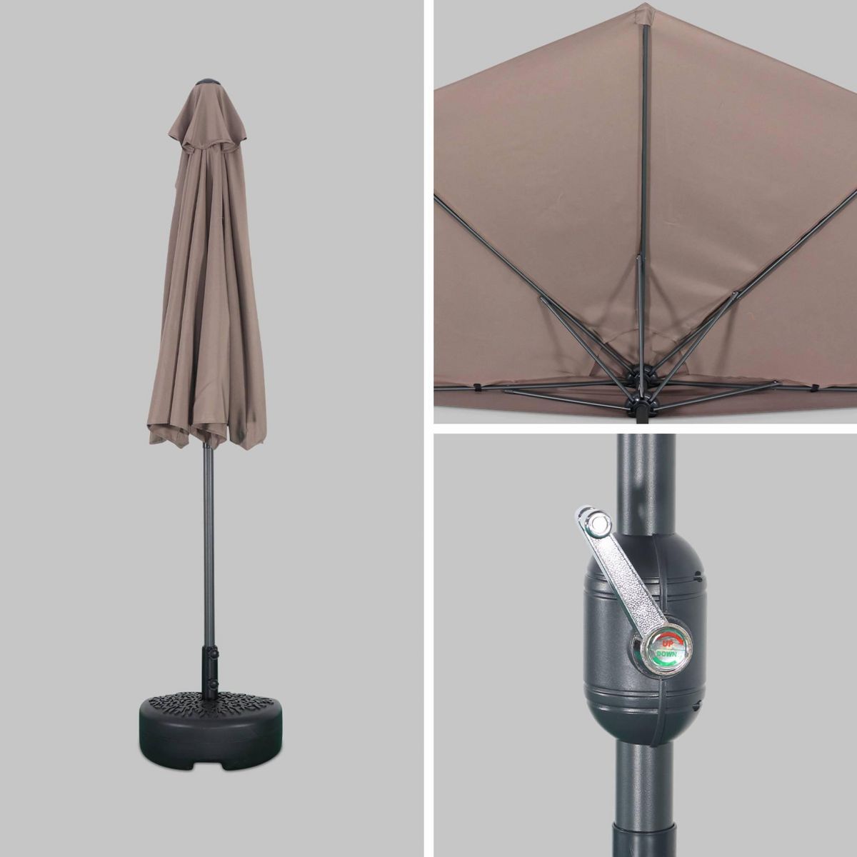 SWEEEK Parasol de balcon Ø250cm  – CALVI – Demi-parasol droit, mât central en aluminium avec manivelle d'ouverture