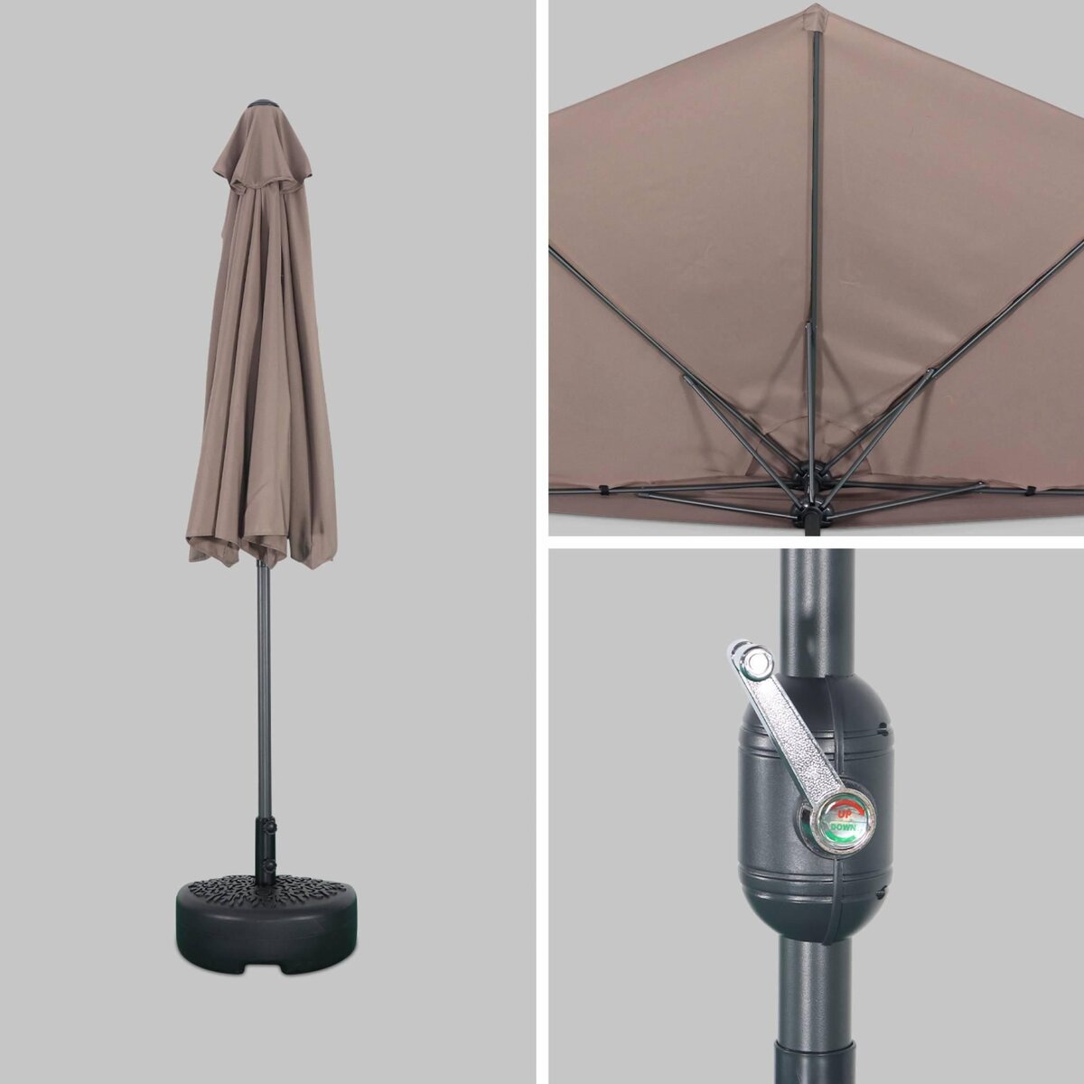 SWEEEK Parasol de balcon Ø250cm  – CALVI – Demi-parasol droit, mât central en aluminium avec manivelle d'ouverture