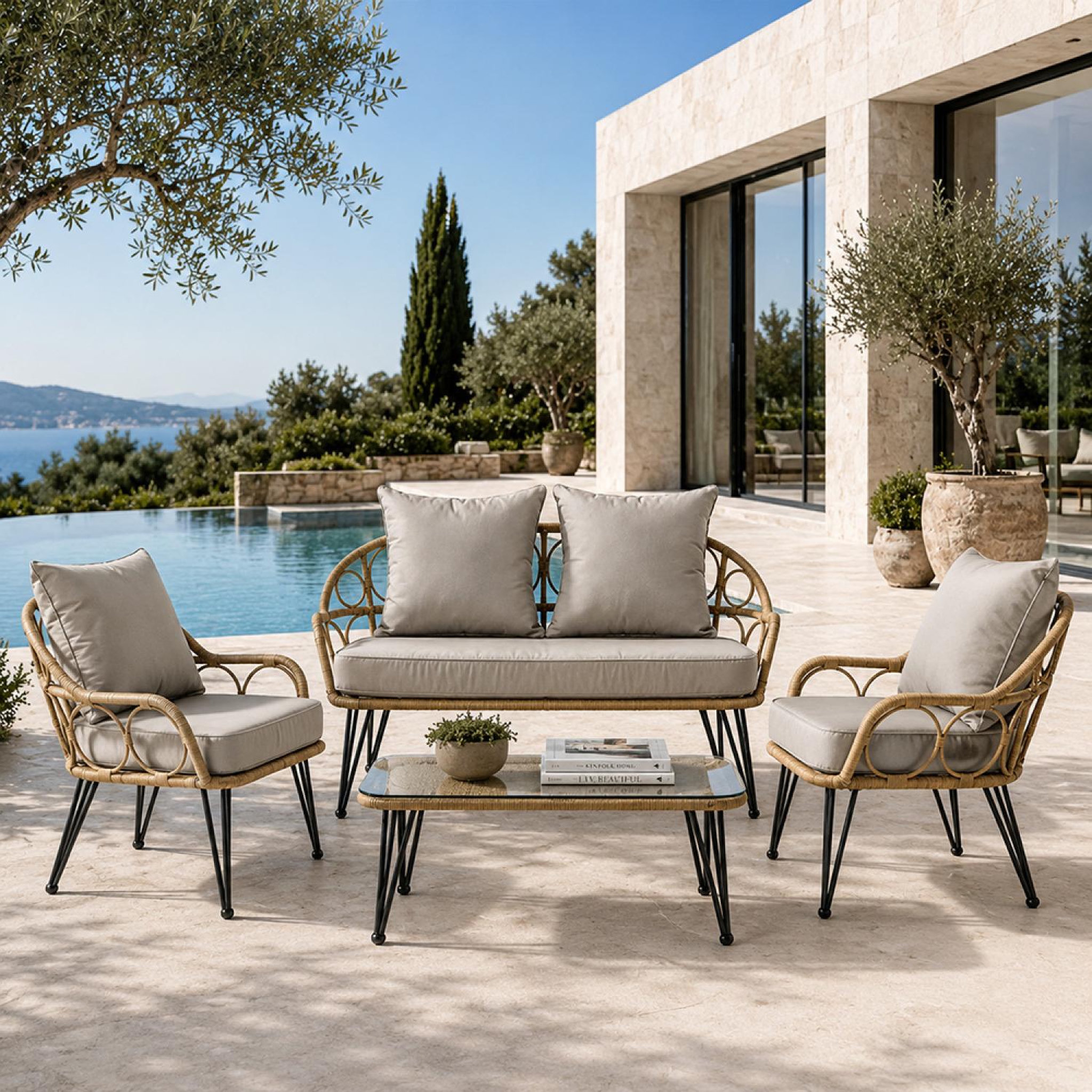 Voir la diapositive 4 : CONCEPT USINE Salon de jardin 4 places avec table basse effet rotin naturel porto