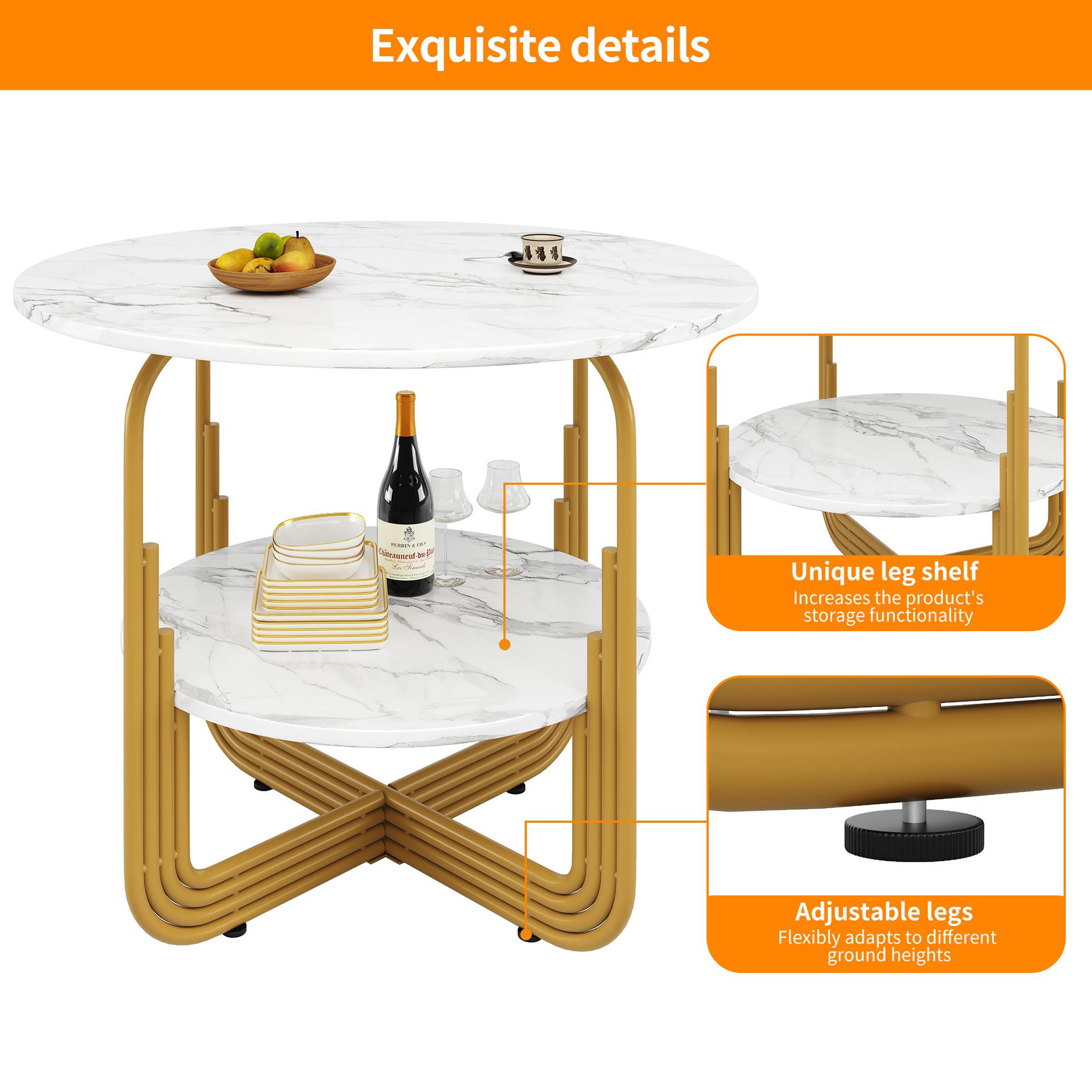 Voir la diapositive 5 : MERAX Table à manger ronde fixe blanc+doré - 80x80-80max.cm mdf