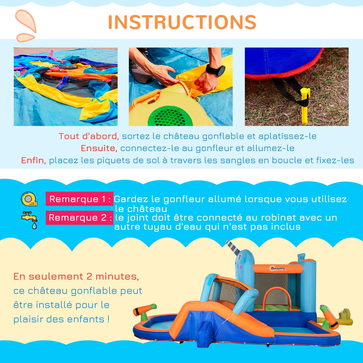 OUTSUNNY Château gonflable enfant - trampoline, toboggans, piscine, mur d'escalade, panier, pistolets eau, gonfleur, sac transport - polyester multicolore