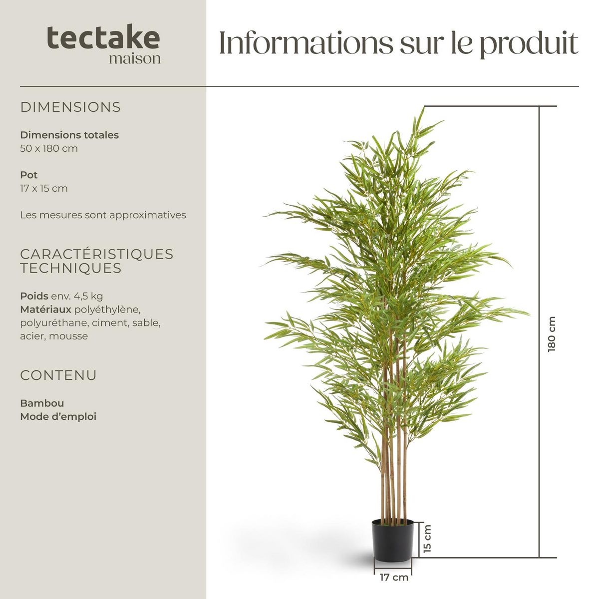 tectake Arbre en bambou artificiel design très réaliste vert