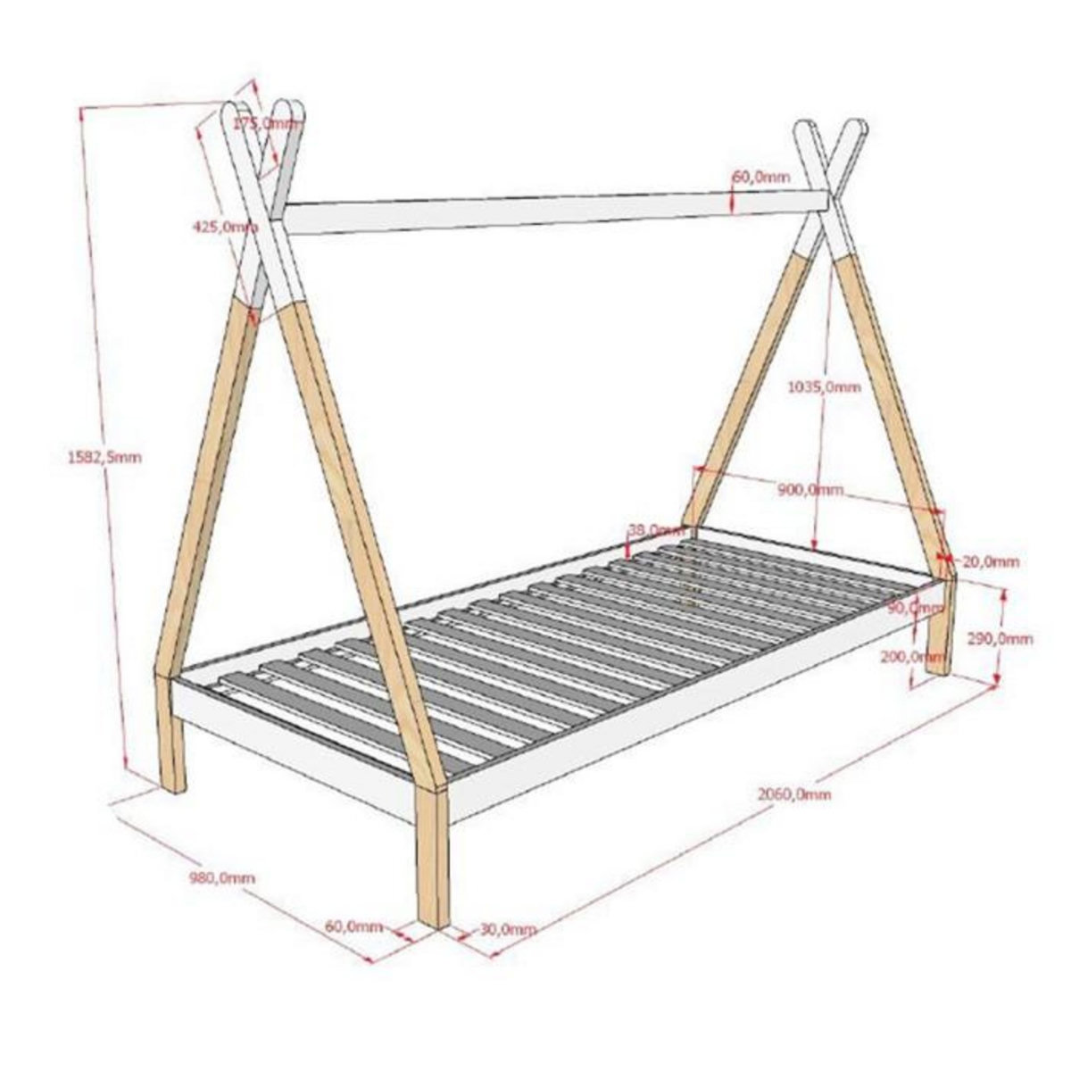 Paris Prix Lit Enfant en Pin Massif  Tipi  90x200cm Blanc