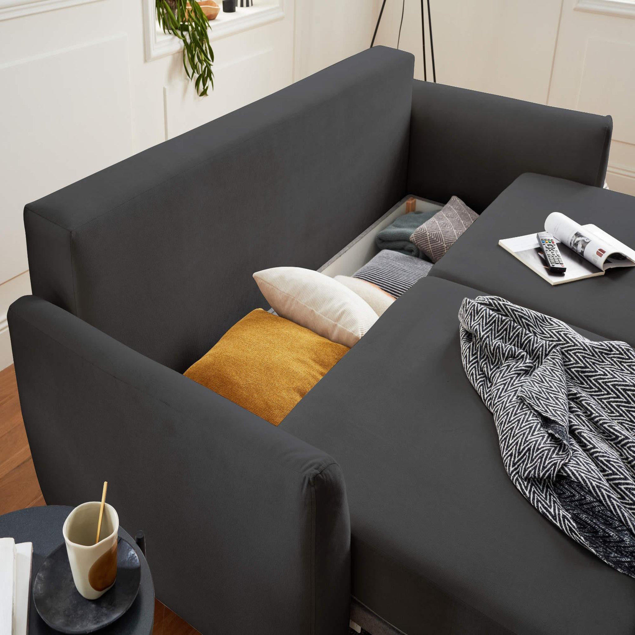 Voir la diapositive 4 : BEST MOBILIER Nils - canapé droit 3 places convertible - avec coffre de rangement - velours